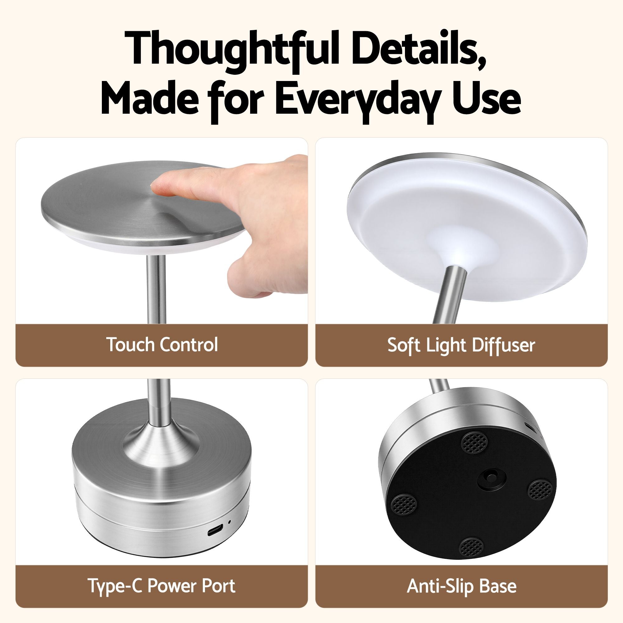 Artiss Silver Touch Table Lamp, Warm to Cool White LED, Dimmable 3000-6000K 24 LEDs, Type-C Bedworld