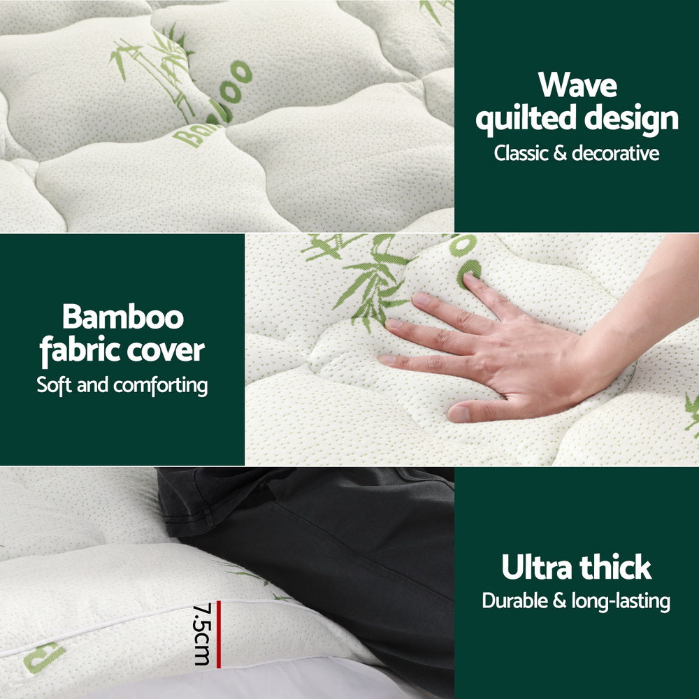 Giselle Bedding Pillowtop Mattress Topper 7.5cm Thick Bamboo Pad for Back Pain Relief Washable Skin-friendly Bed Protector with 45cm Deep Pocket Single Bedworld