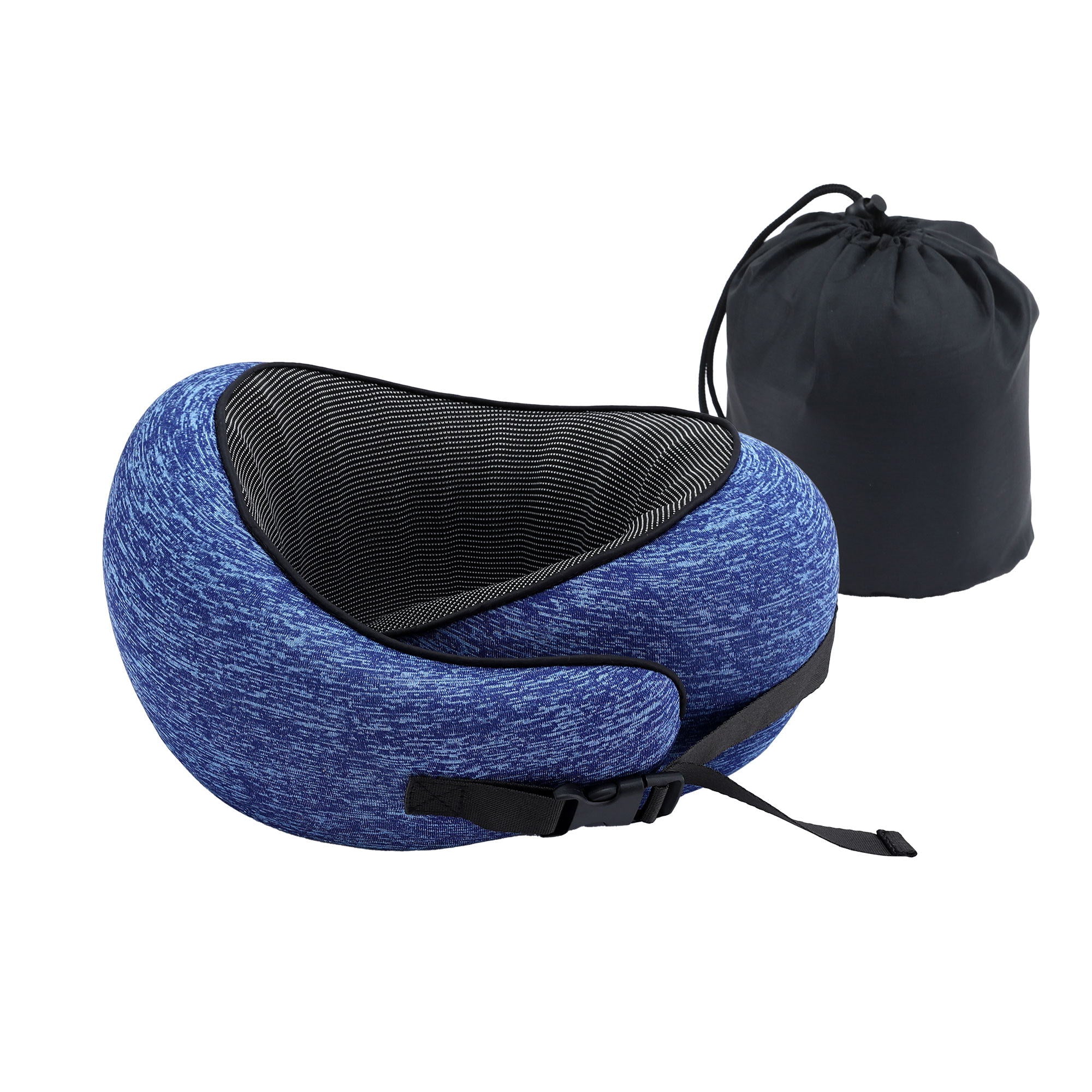 Blue ergonomic travel neck pillow with black textured insert and included drawstring bag