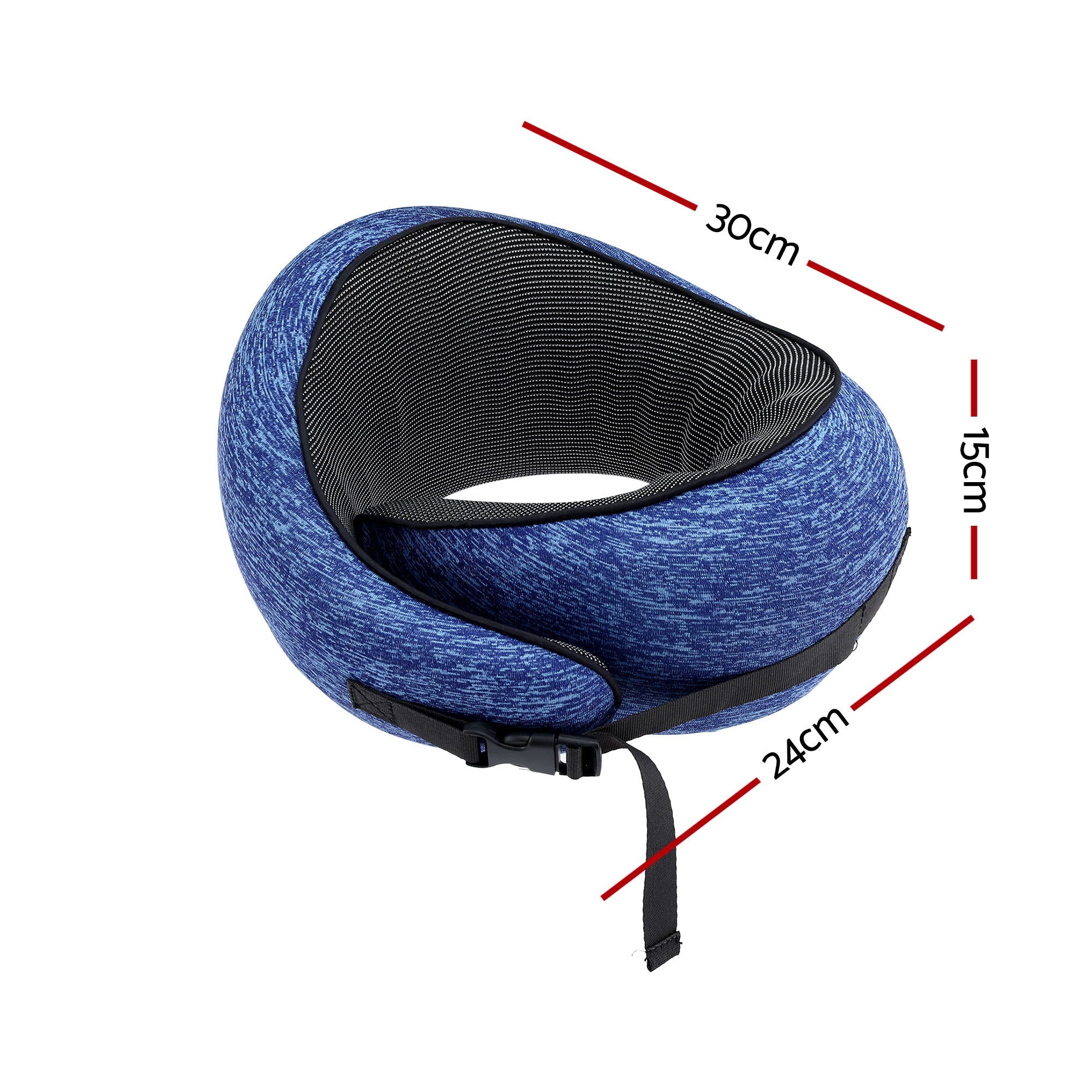 Blue and black ergonomic U-shaped neck pillow with front strap and adjustable buckle