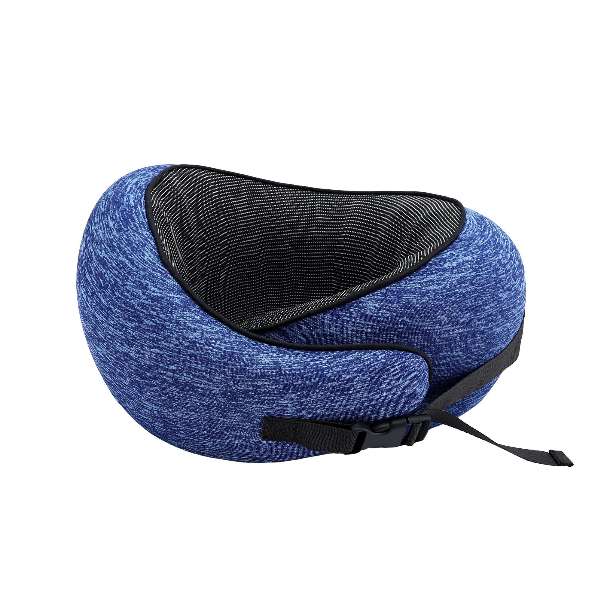 Blue ergonomic U-shaped neck pillow with black inner lining and adjustable strap