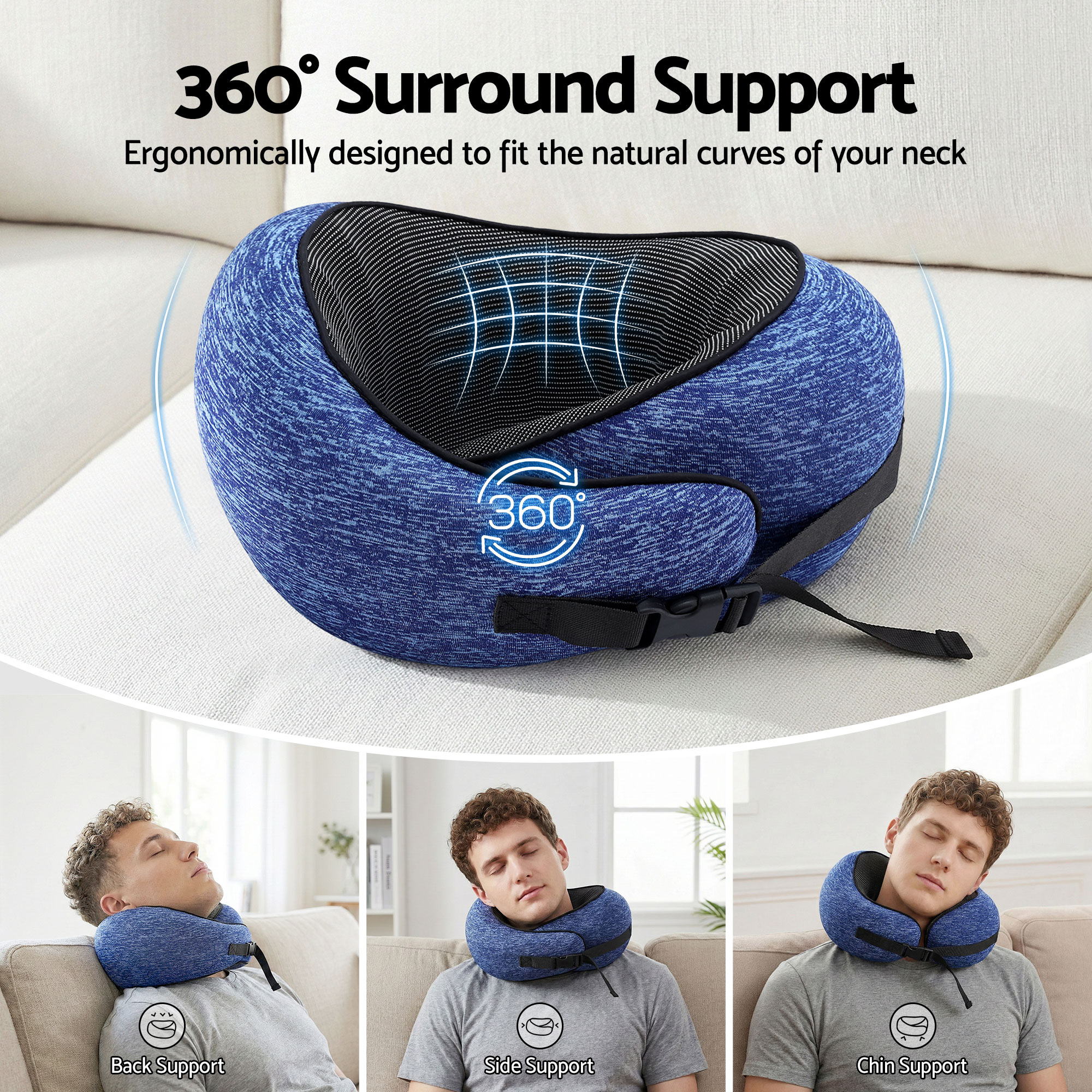 Blue ergonomic neck pillow with black surround and attached closure strap