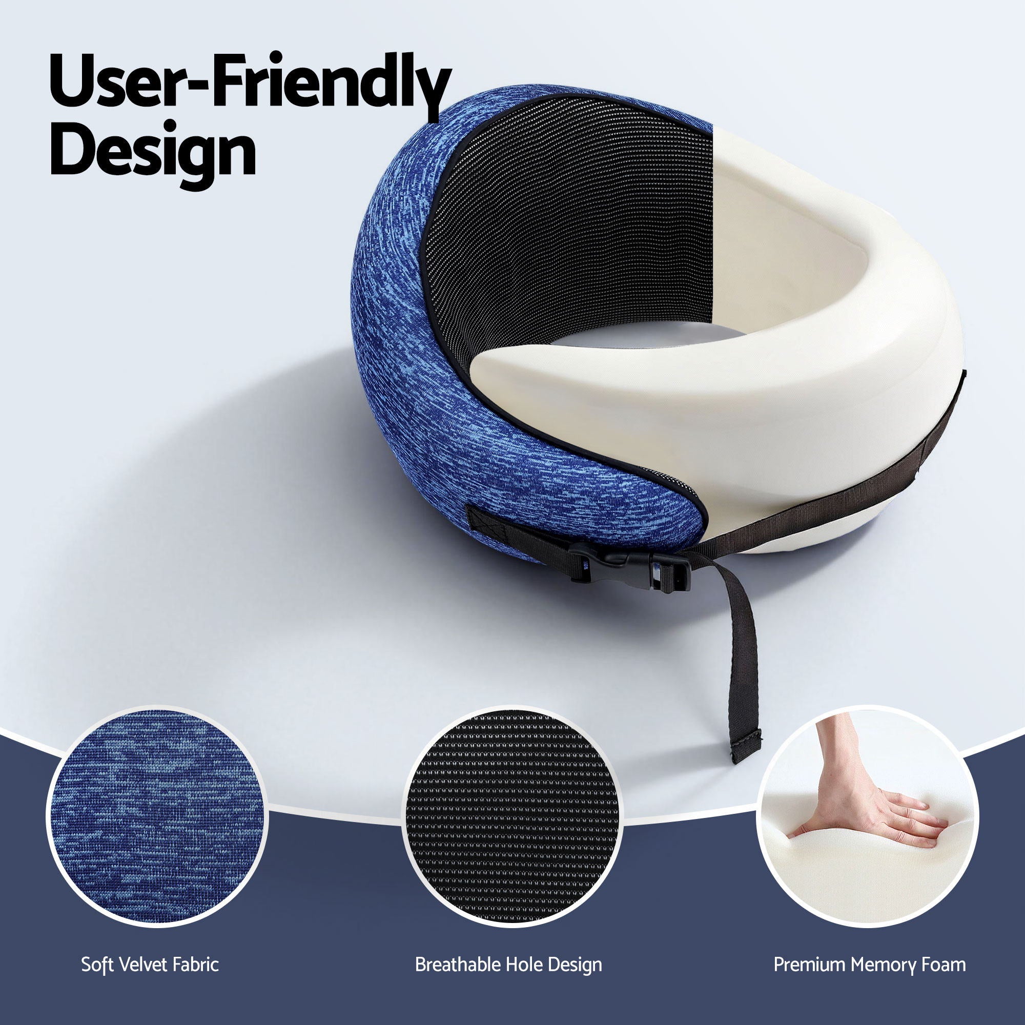 Blue neck pillow with white cutaway showing memory foam and black breathable inner
