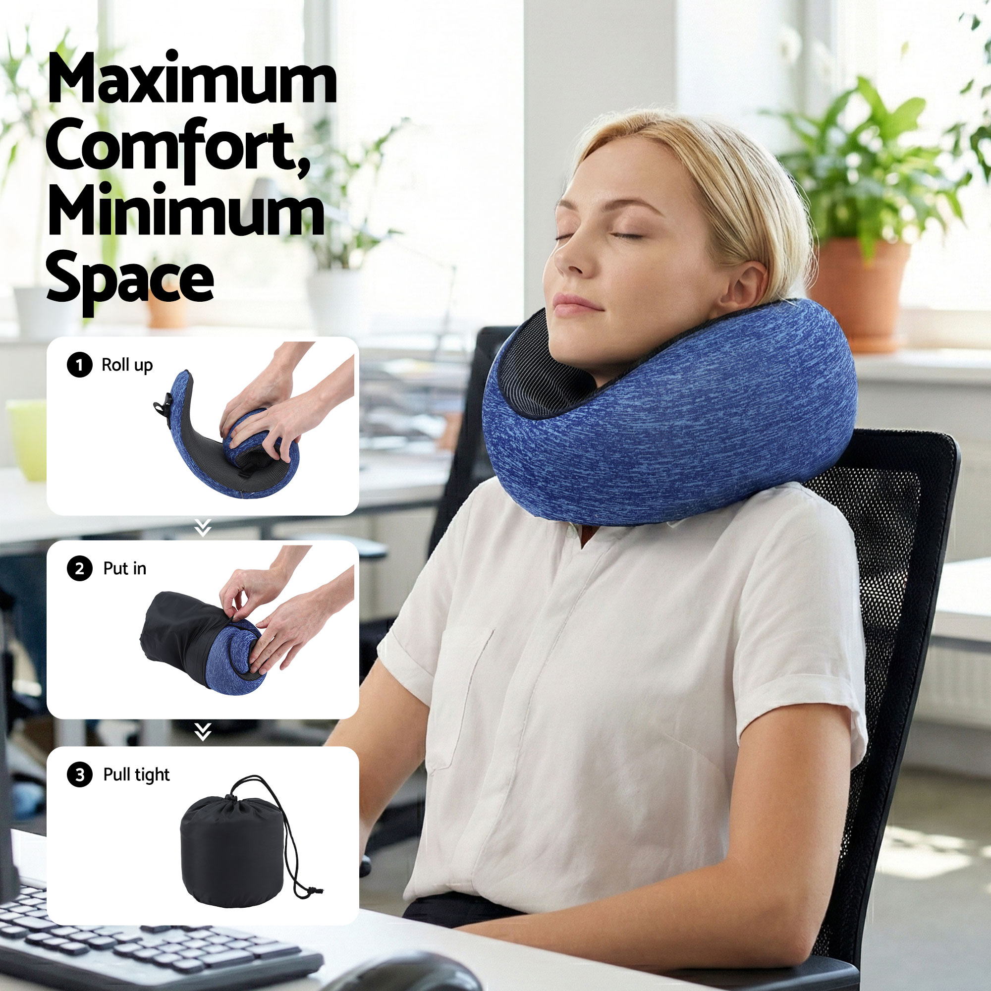 Blue ergonomic neck pillow worn around the neck on a chair with black strap
