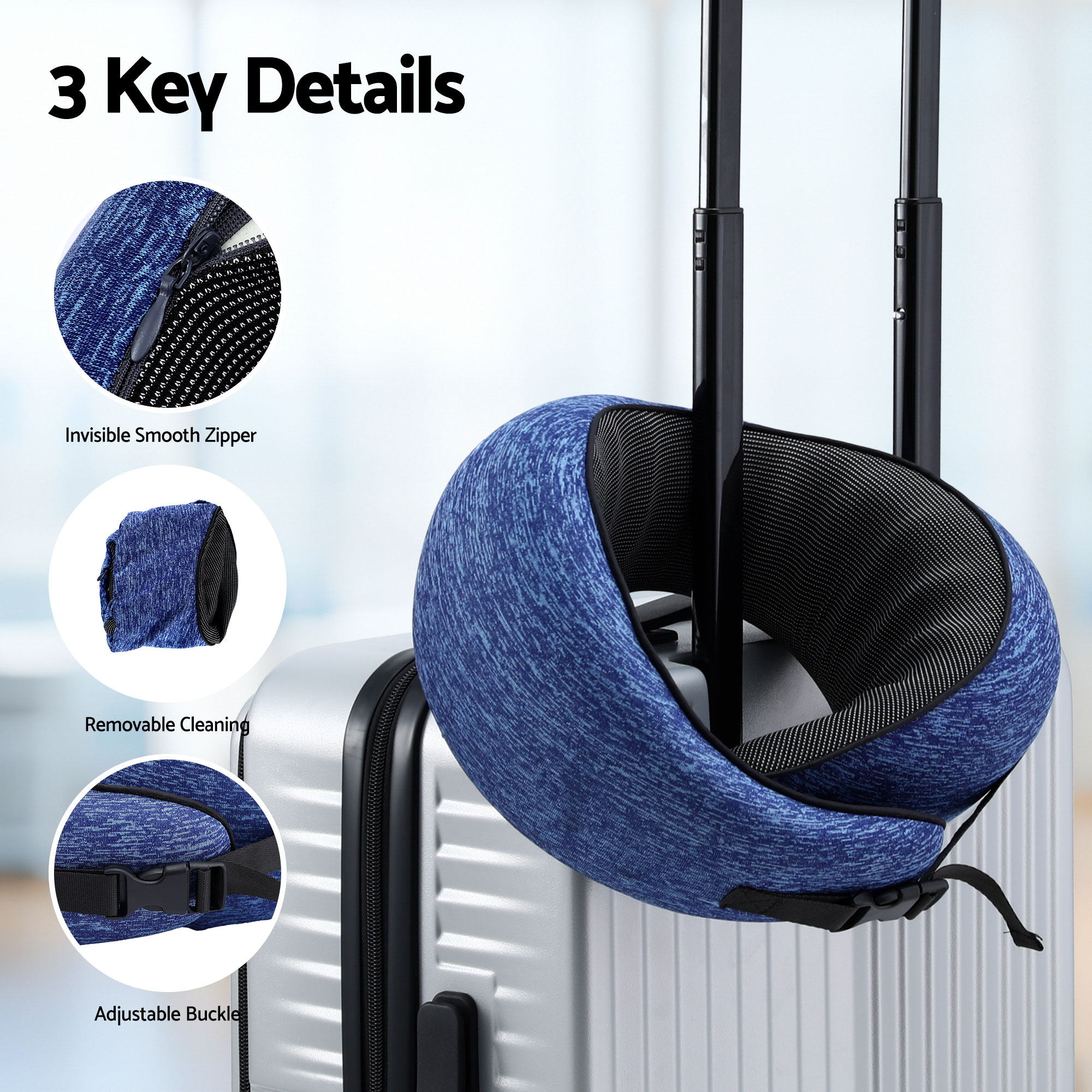 Blue ergonomic neck pillow with black inner lining beside a carry-on suitcase