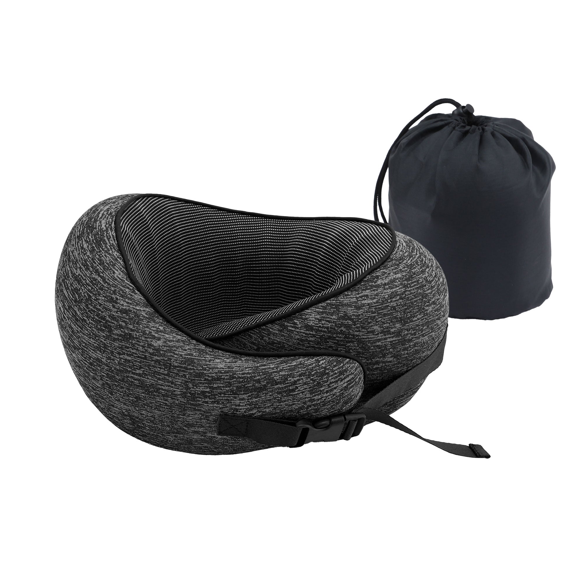 Dark grey ergonomic travel neck pillow with contoured memory-foam cradle
