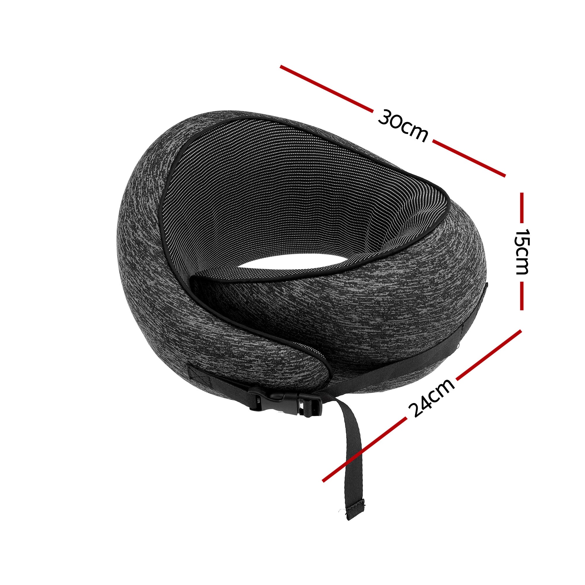Dark grey contoured travel neck pillow close-up with adjustable strap tab