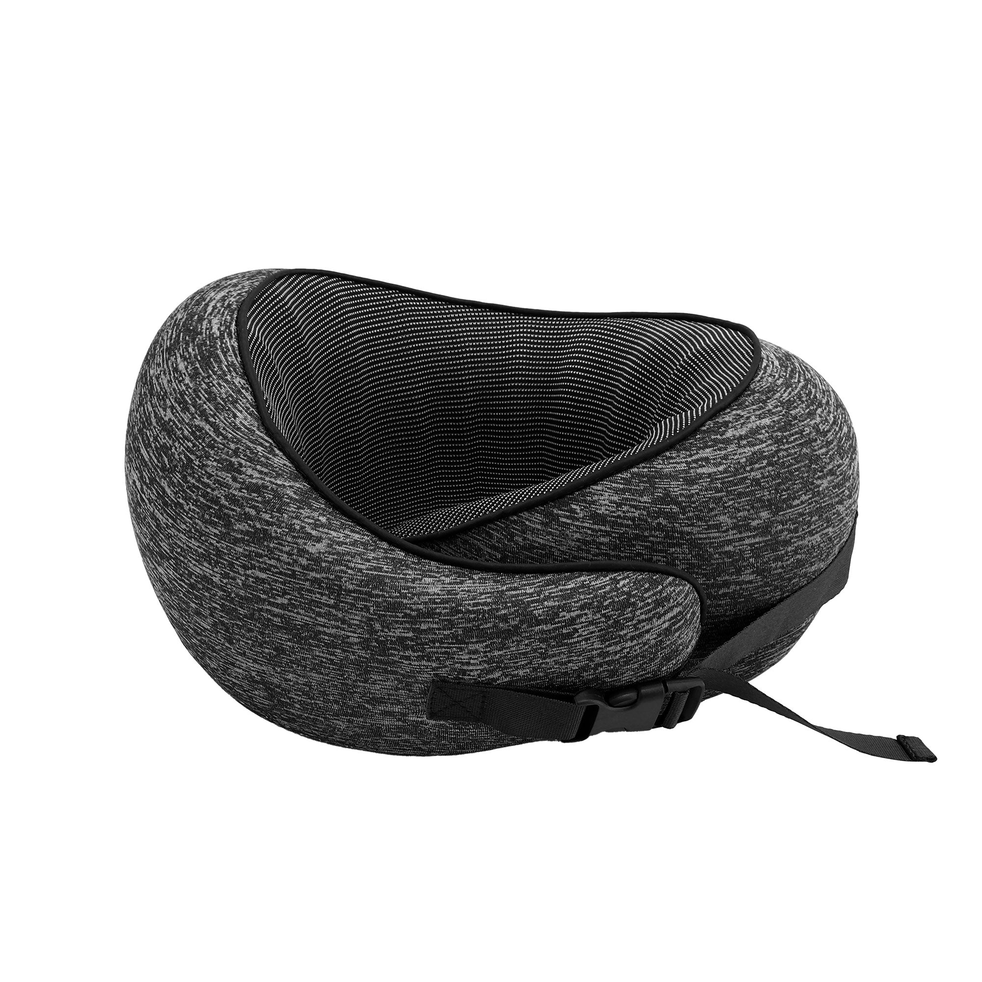 Dark grey ergonomic travel neck pillow with curved neck support cradle