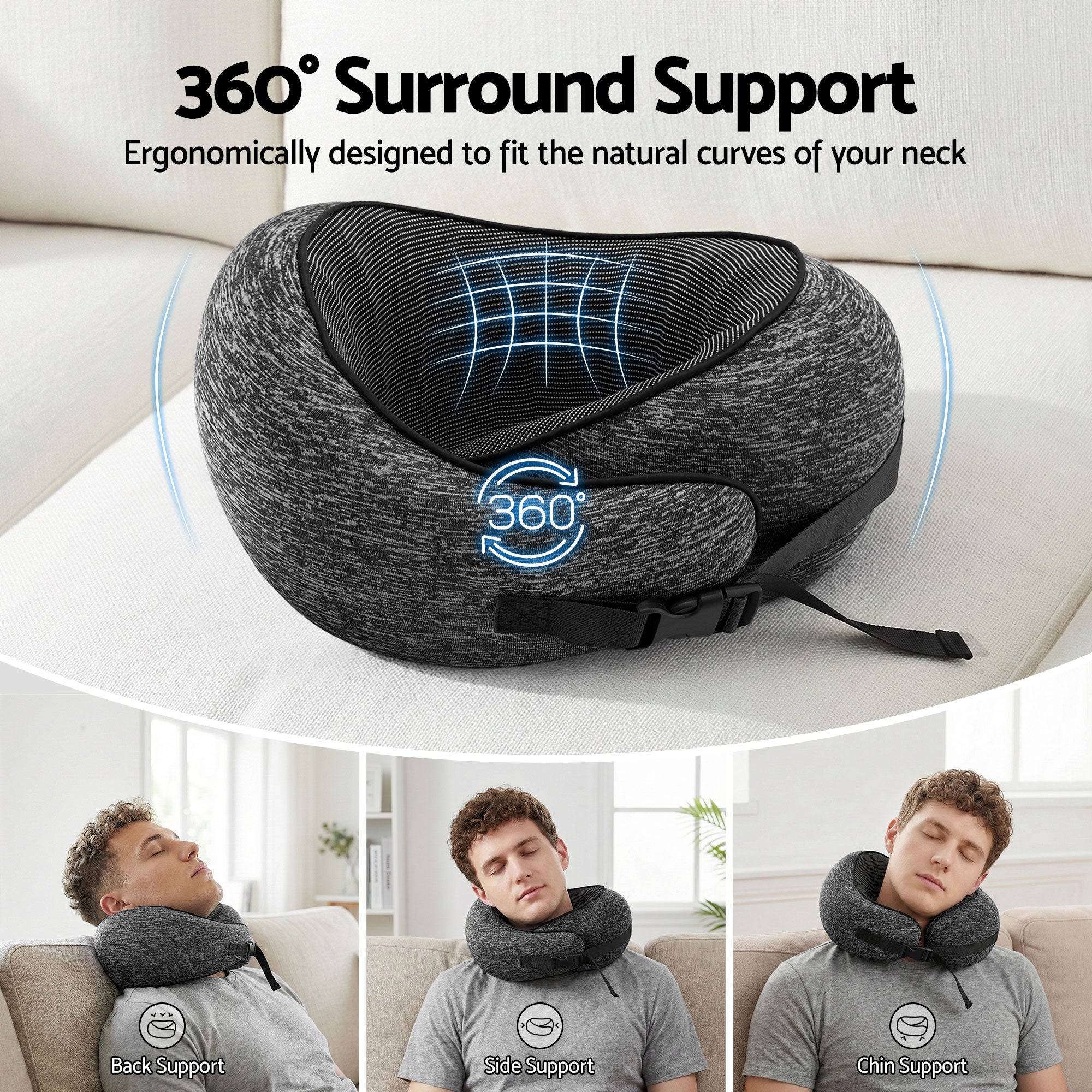 Dark grey travel neck pillow with rounded 360 surround support shape
