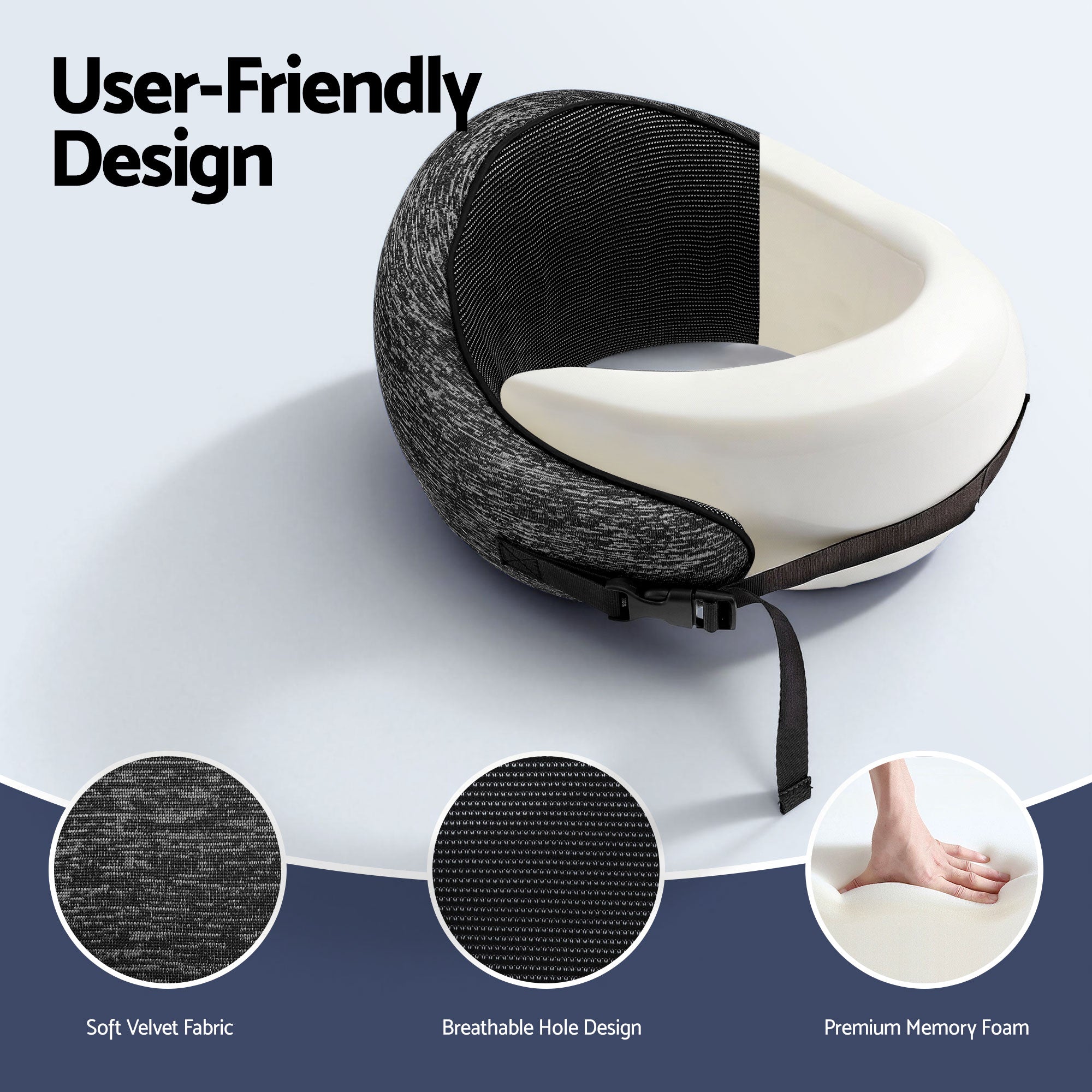 Dark grey travel neck pillow with breathable inner panel and memory foam padding