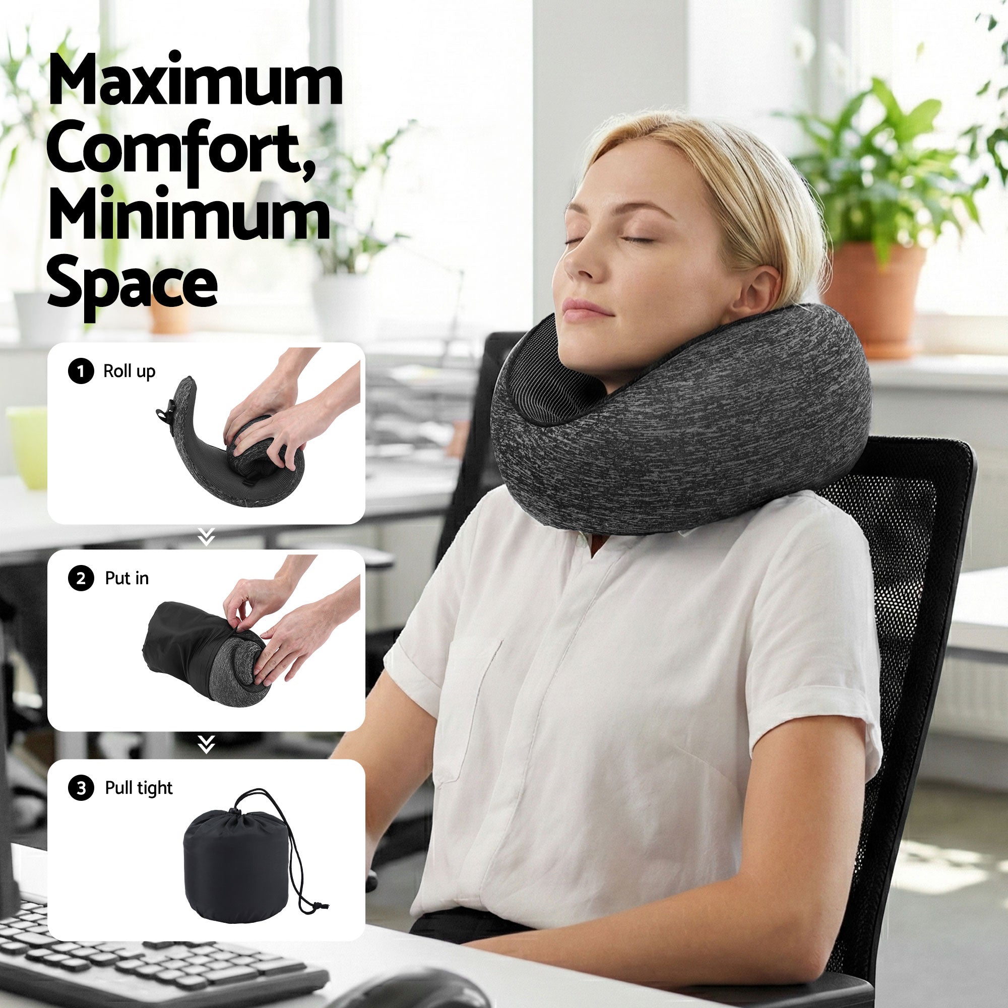Dark grey travel neck pillow worn on an office chair for head and neck support