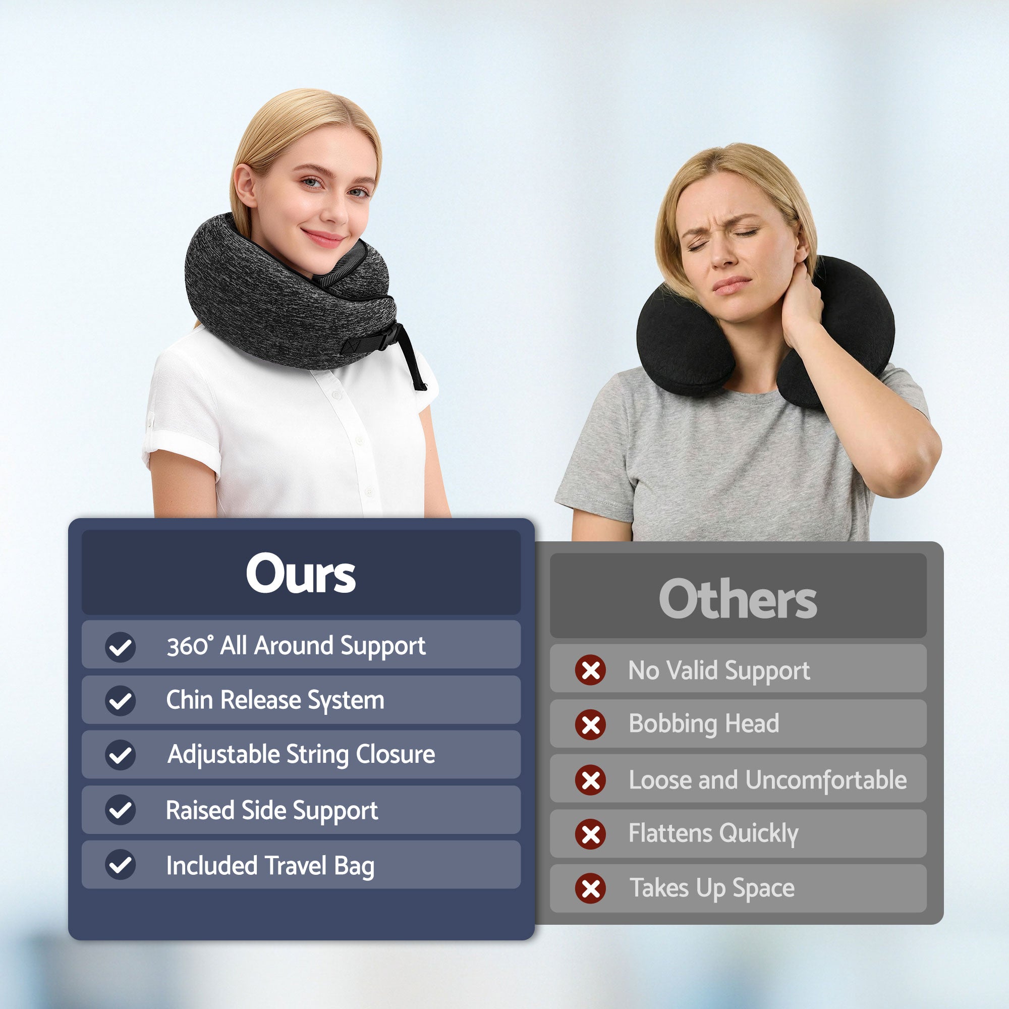 Dark grey travel neck pillow providing chin release support when worn