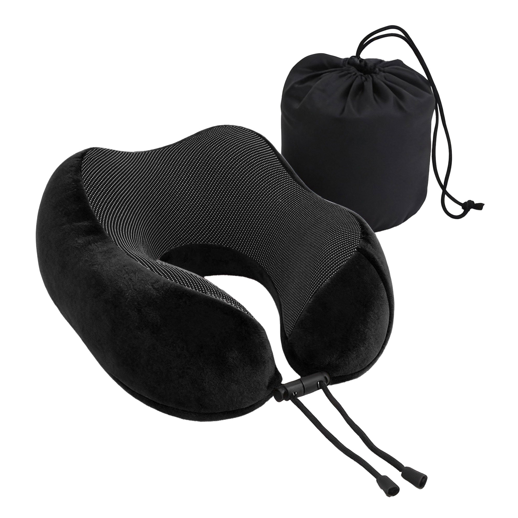Black memory foam travel neck pillow with U-shaped support and drawstring storage bag