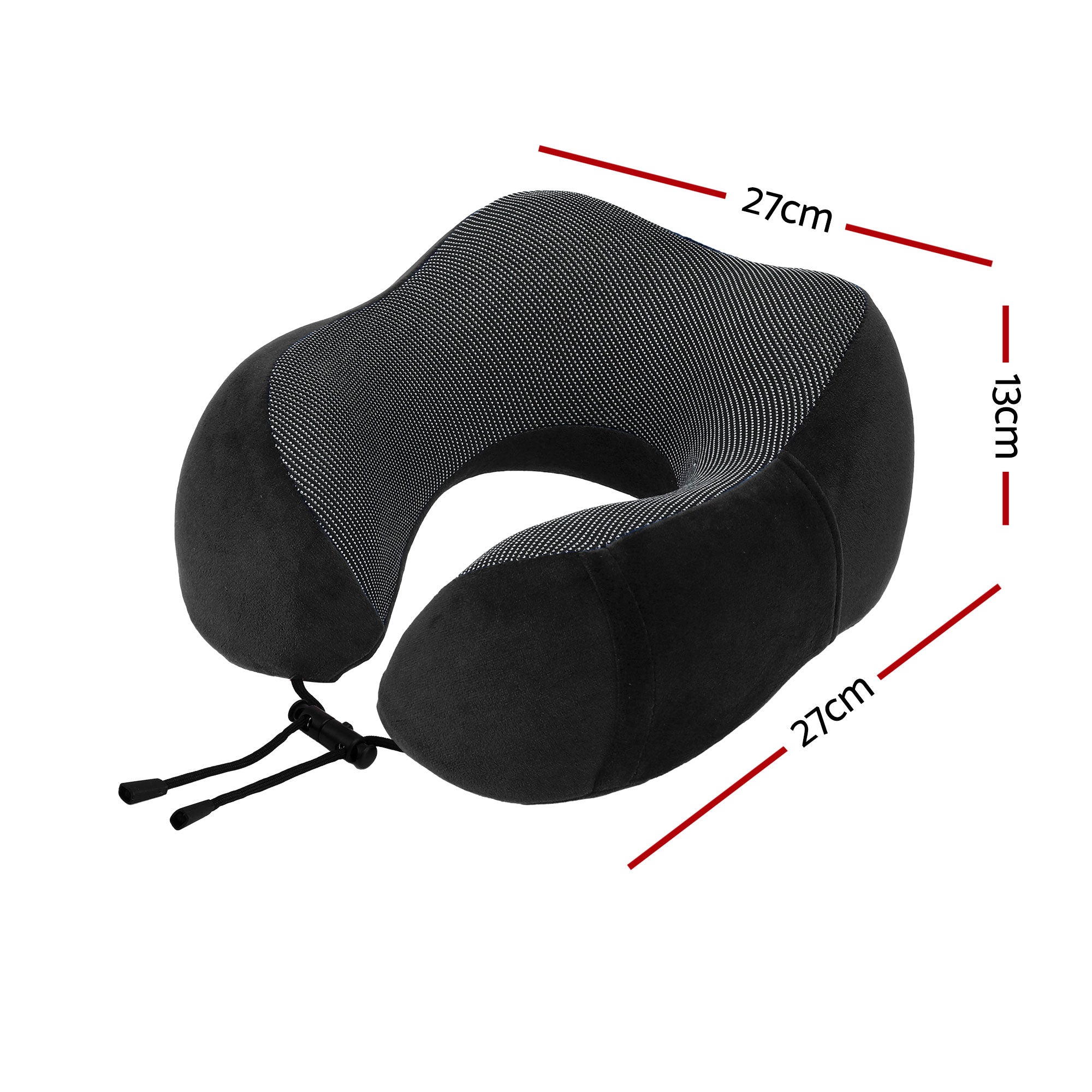 Black U-shaped neck pillow with striped fabric cover and adjustable drawstring closure