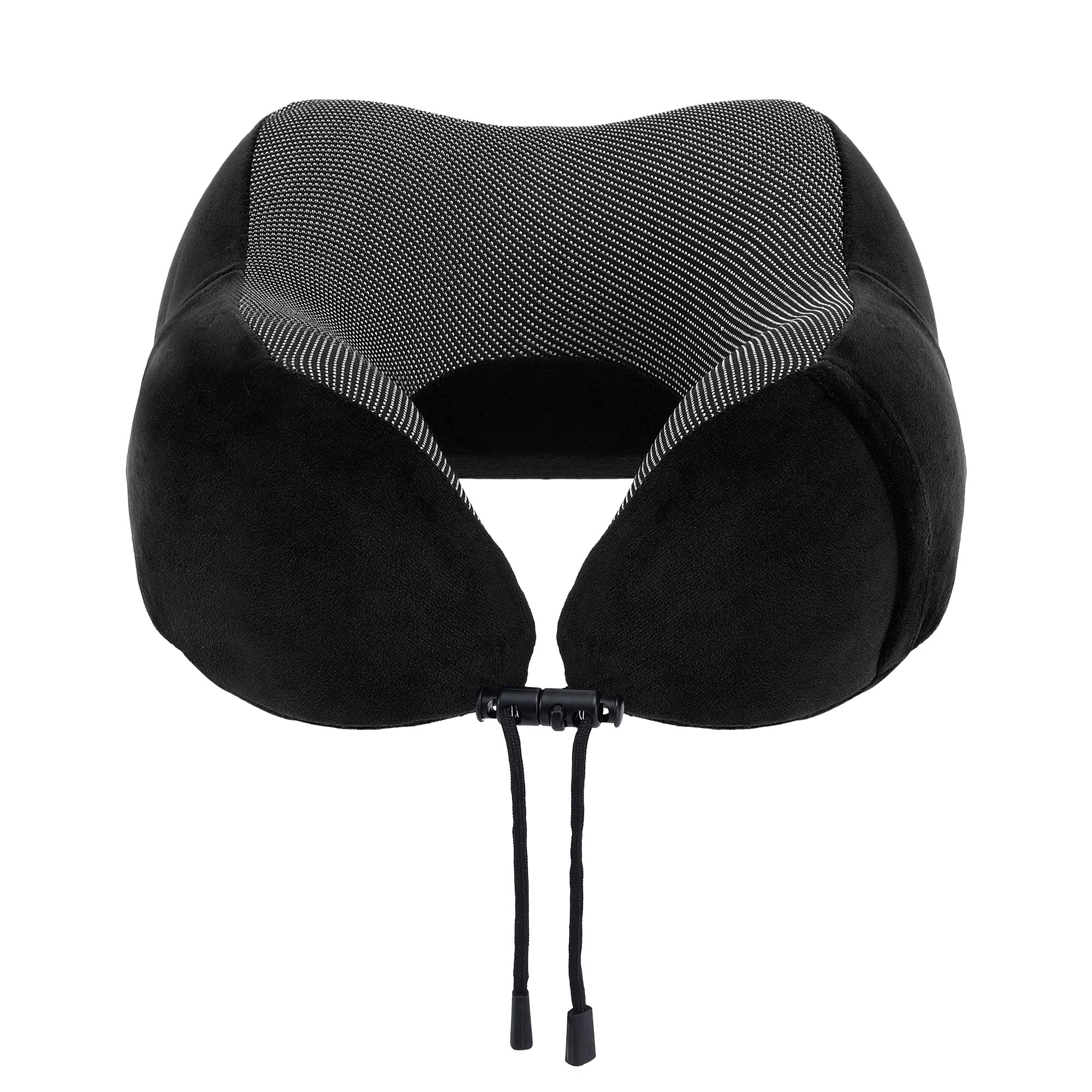 Black travel neck pillow with U-shaped cutout and two front strap cords