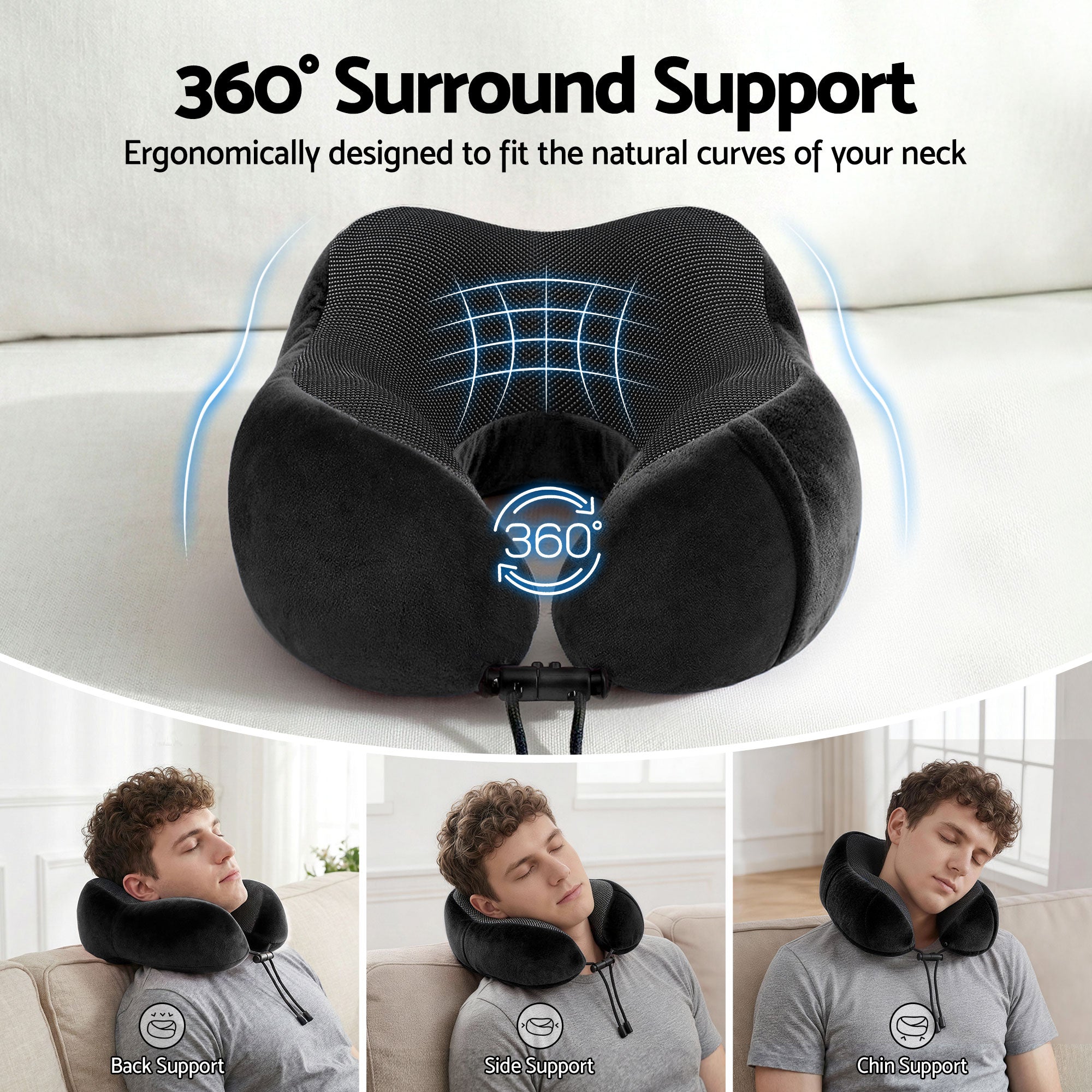Black travel neck pillow with contoured full-coverage support and front strap cords