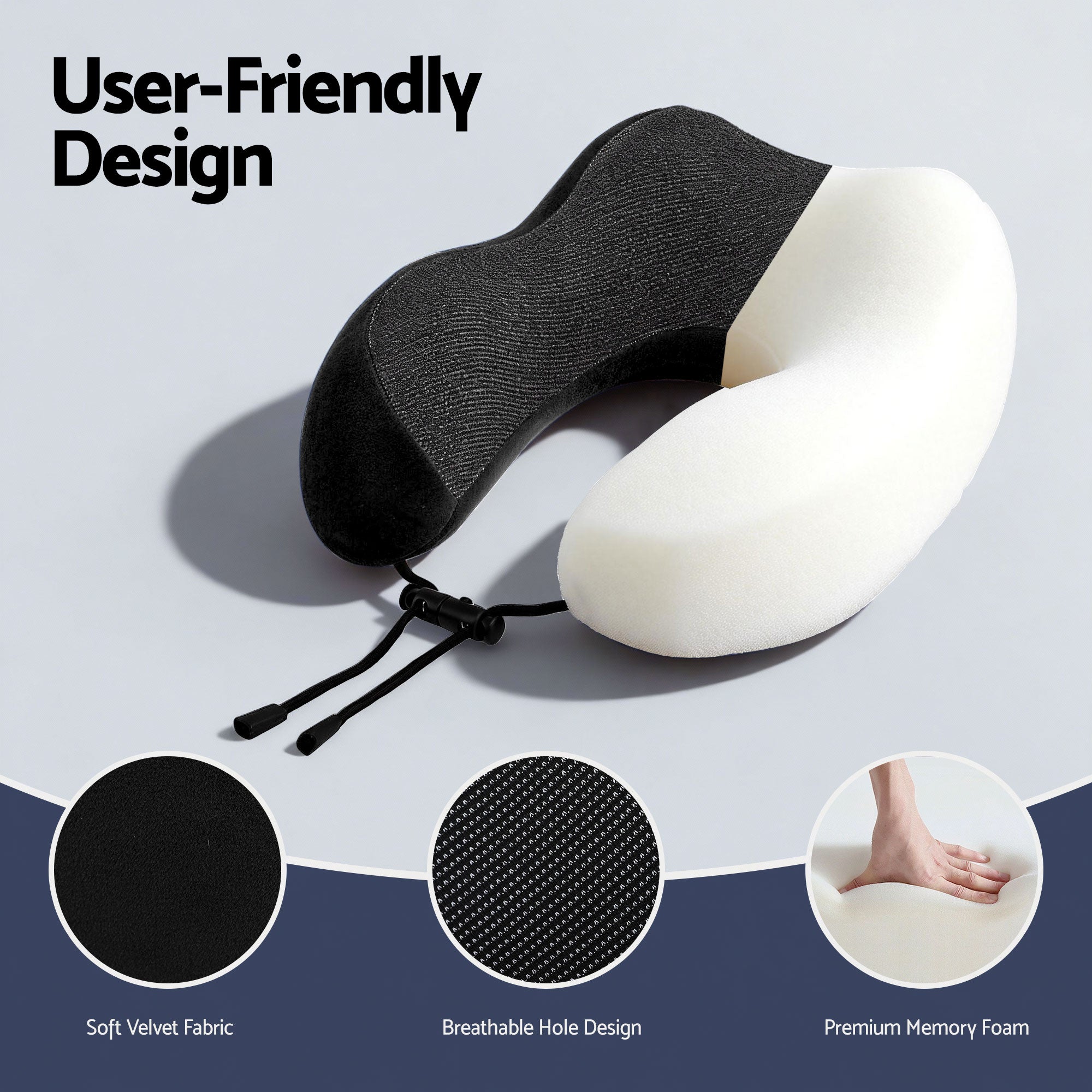 Black travel neck pillow with breathable fabric cover and visible light foam insert