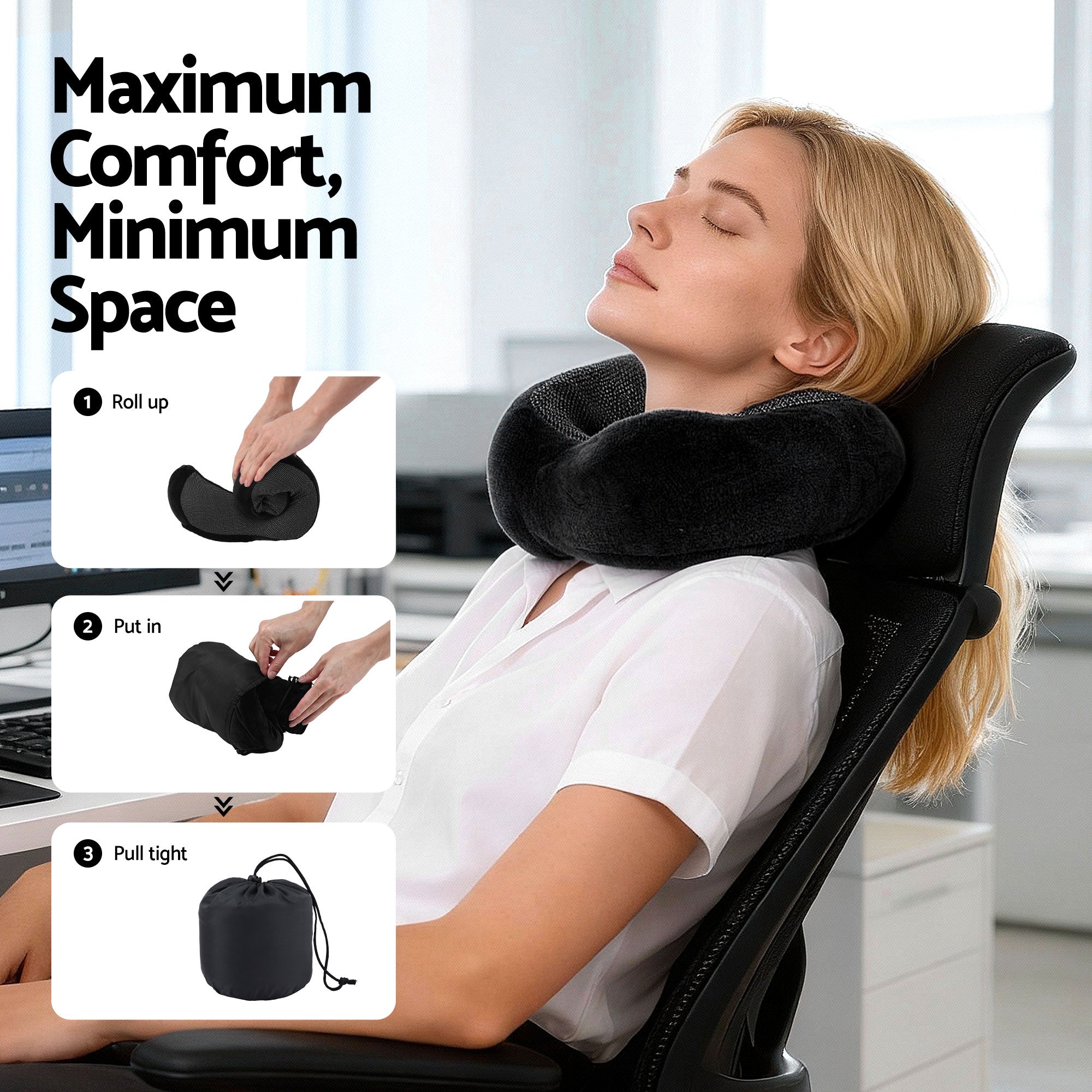 Black travel neck pillow shown in rolled form with drawstring storage bag