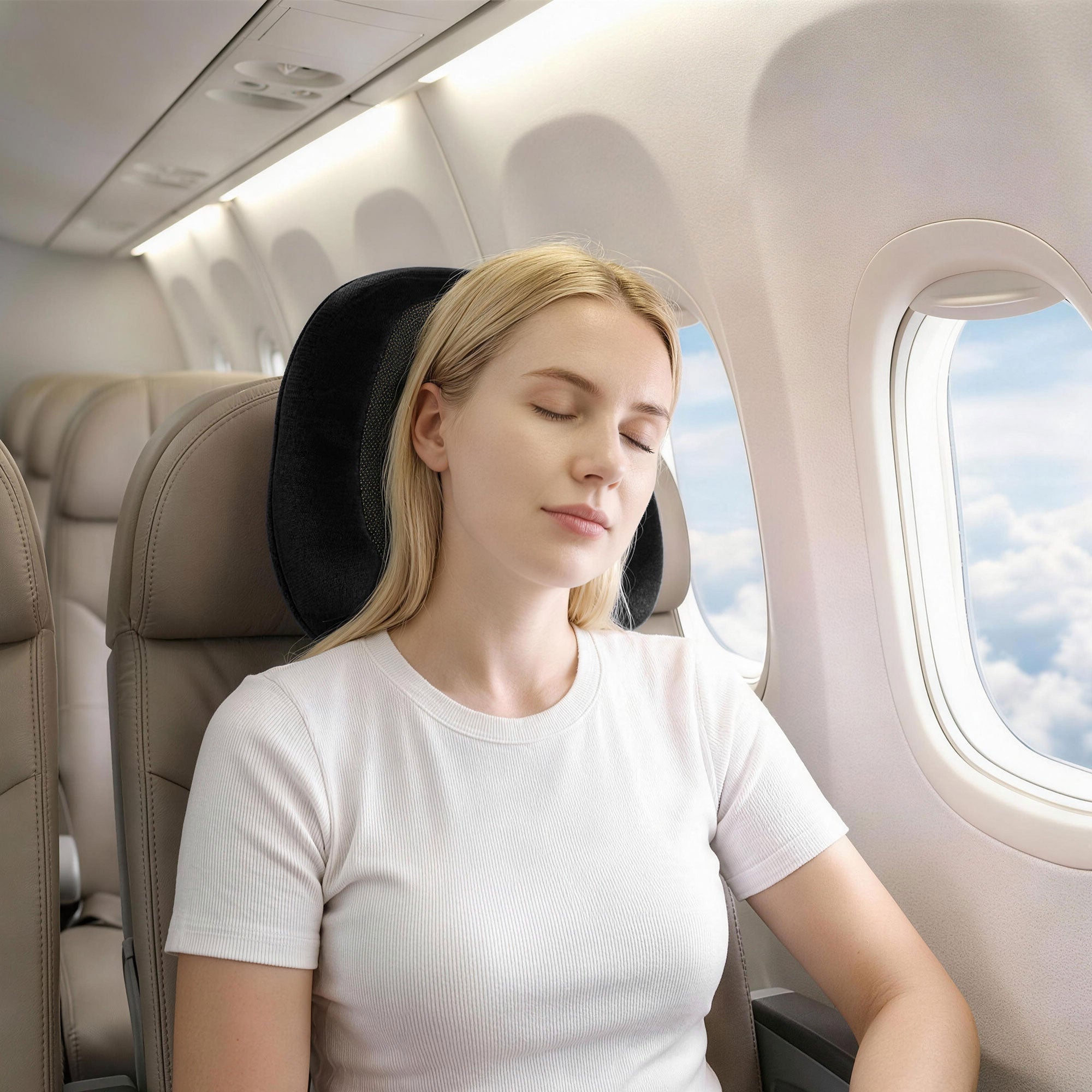 Black travel neck pillow worn on an airplane seat for neck support