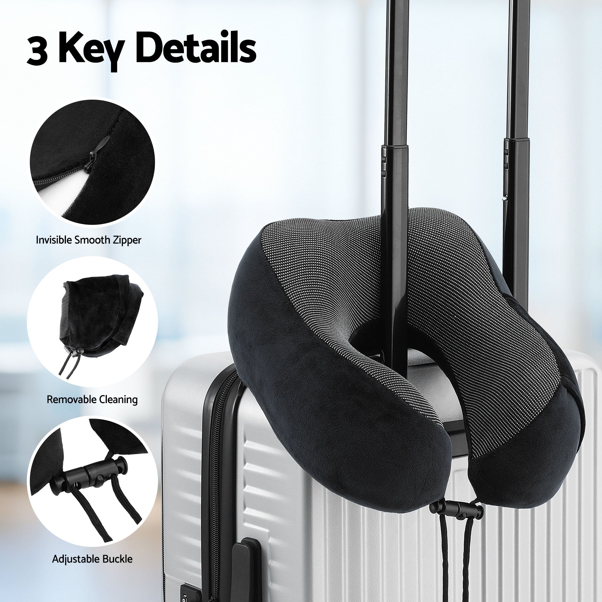 Black travel neck pillow with removable zipper cover and adjustable buckle straps