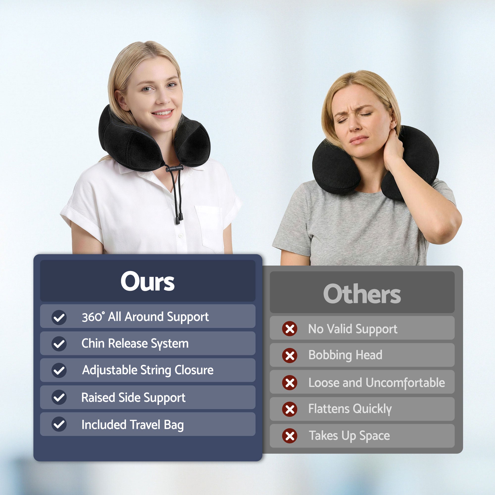 Black travel neck pillow worn by person with included drawstring travel bag