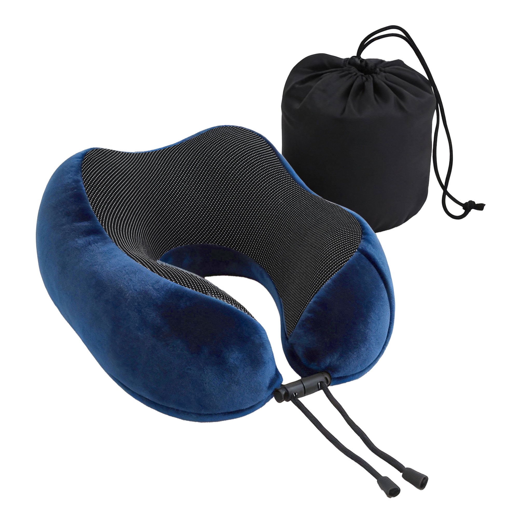 Blue travel neck pillow with contoured memory-foam shape and black tie straps, plus storage bag