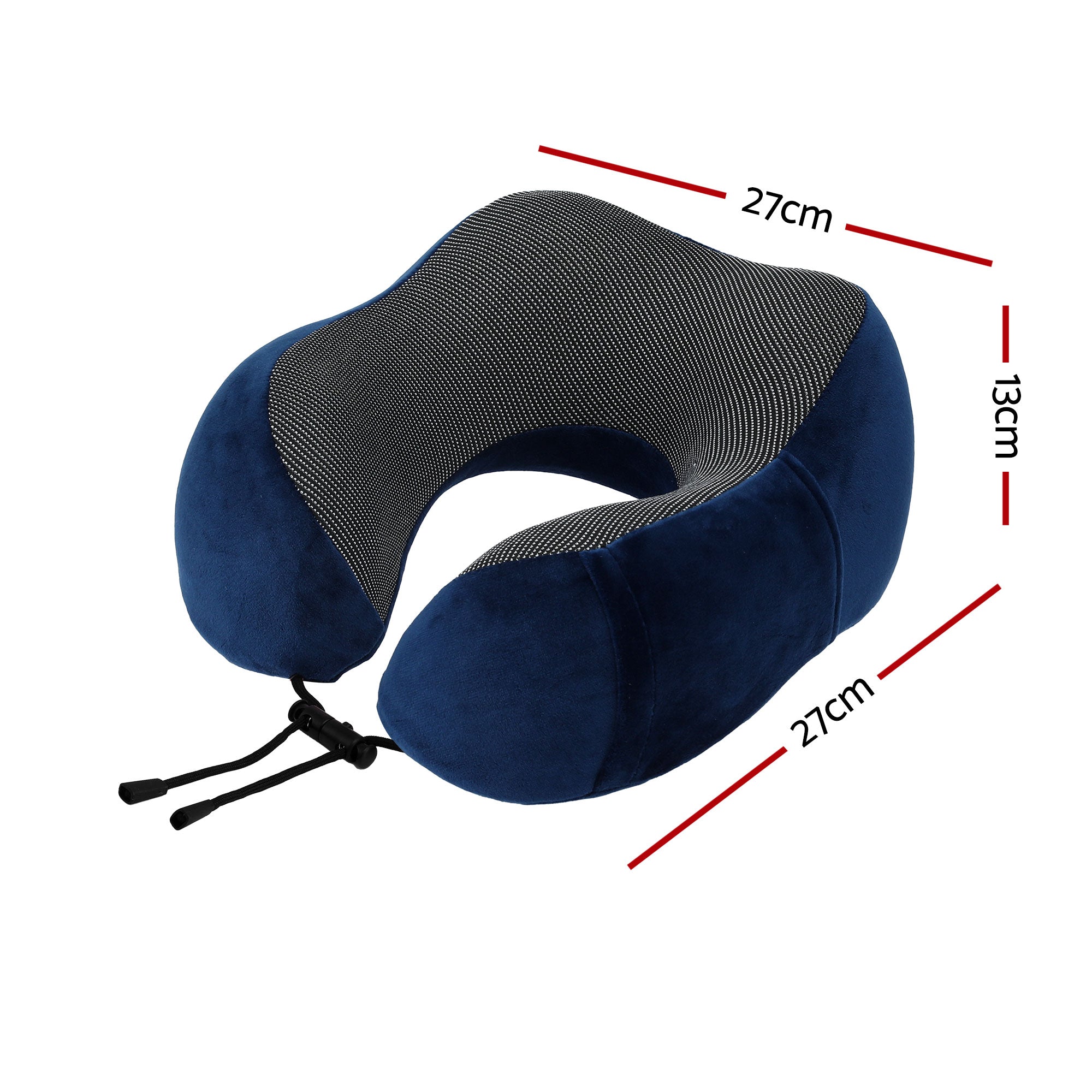 Blue contoured neck pillow with breathable-textured top and two adjustable black tie straps