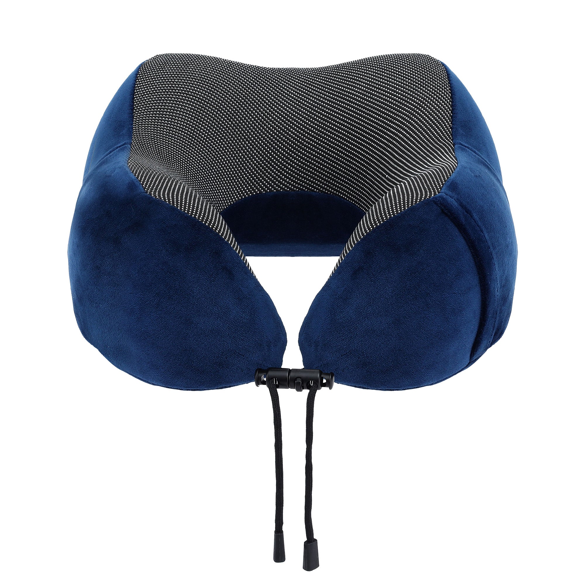 Blue neck support pillow with textured cover and adjustable black strap closure at the front