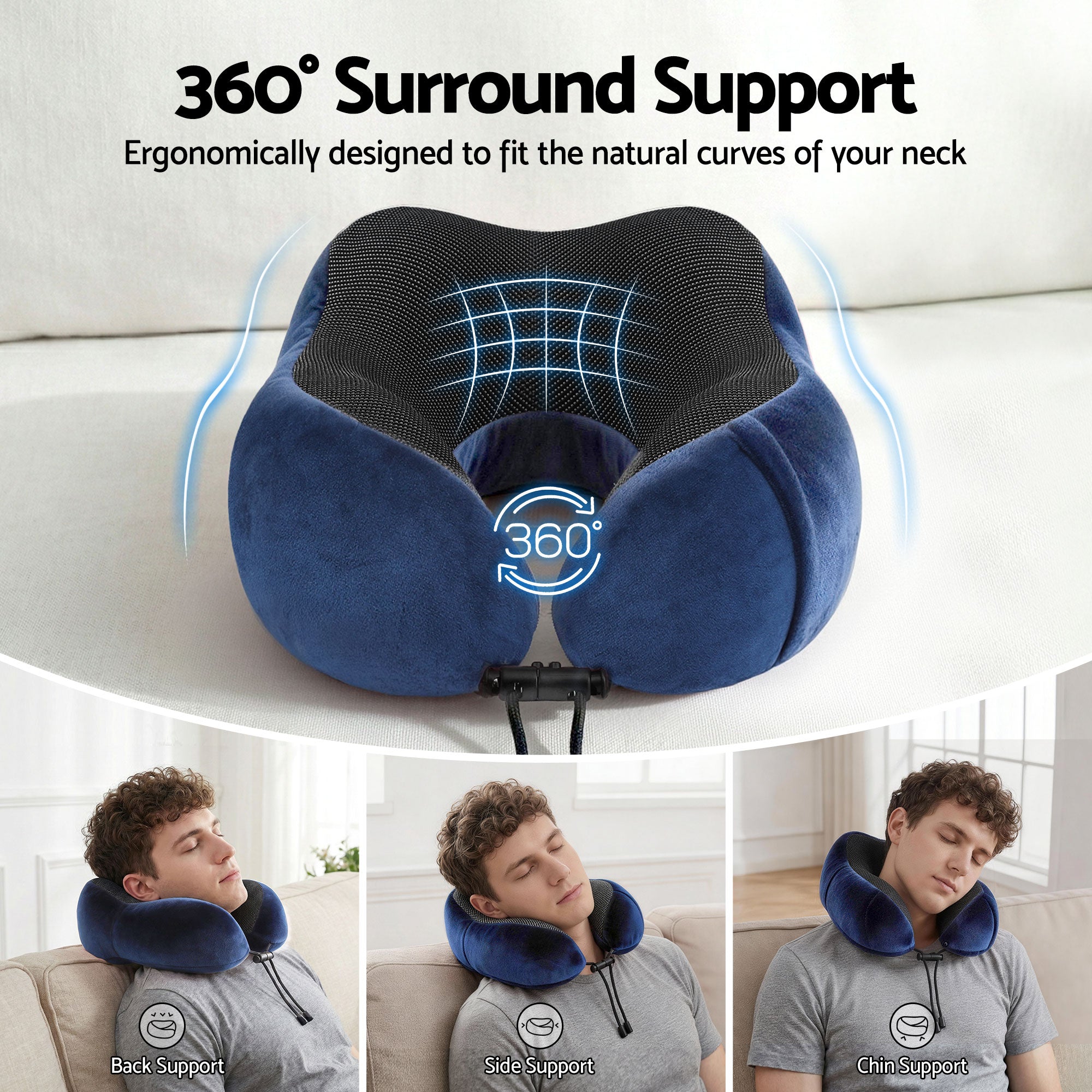 Blue travel neck pillow shown in use on a seat, with black adjustable tie straps