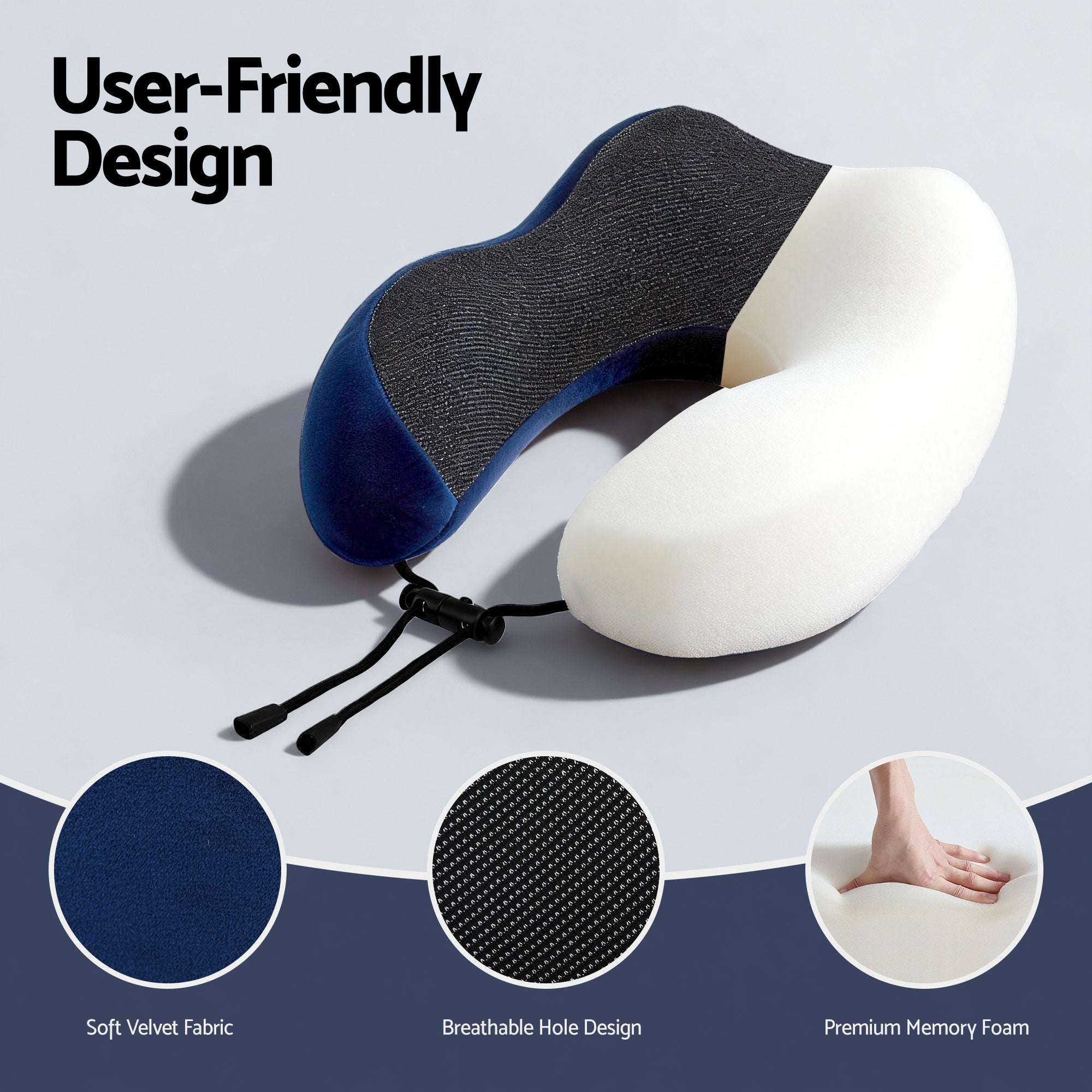 Blue memory-foam neck pillow with soft velvet cover, breathable side opening, and tie straps