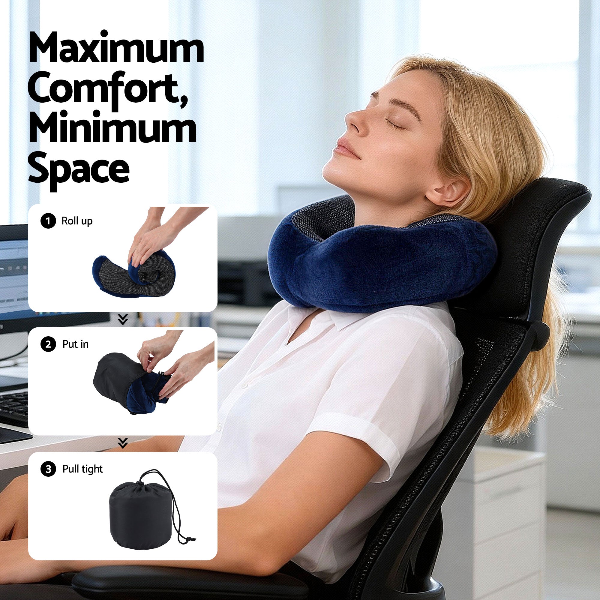 Blue neck pillow in use on an office chair, with compact roll-up shape and tie straps