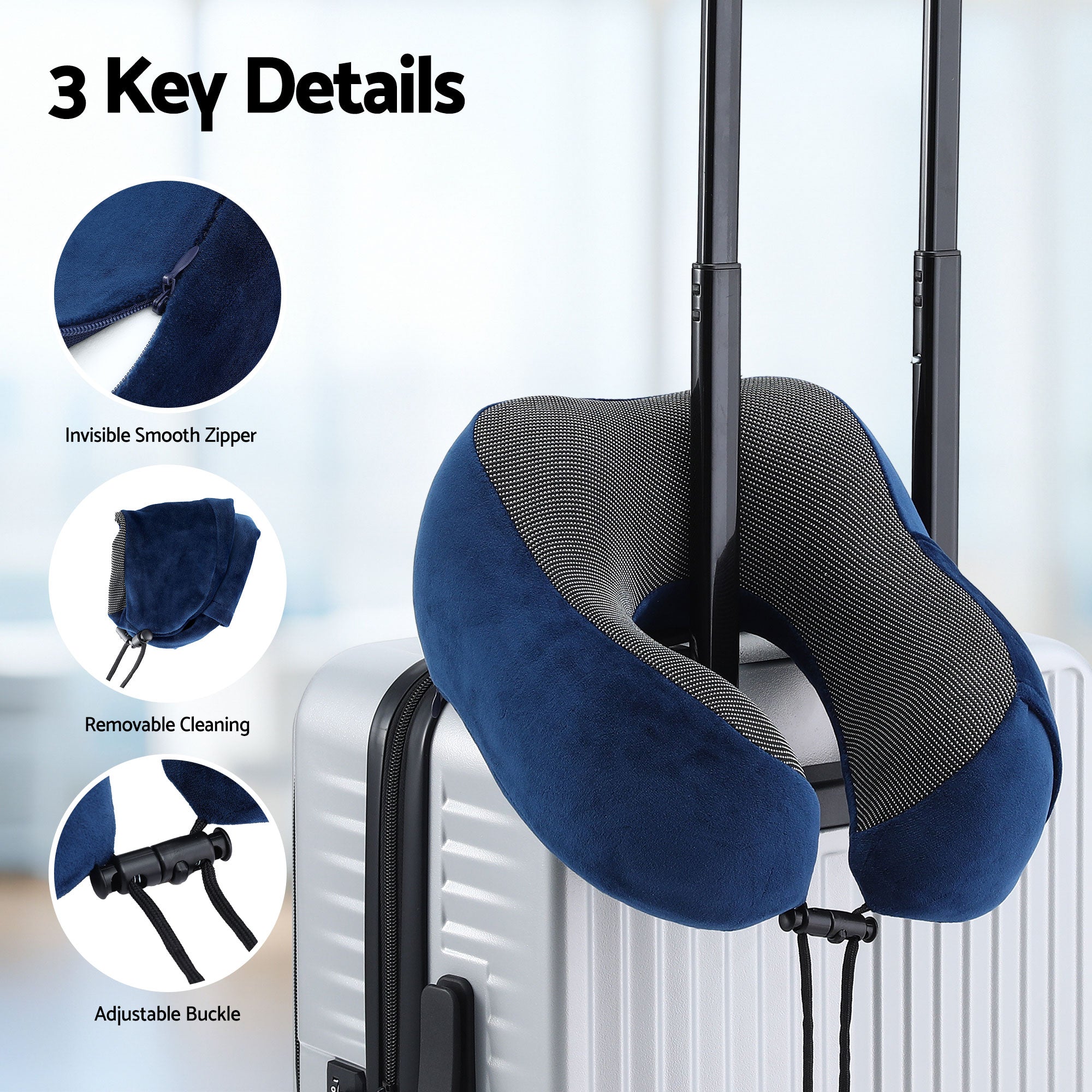 Blue neck pillow with smooth zipper area and adjustable buckle strap, for travel on-the-go