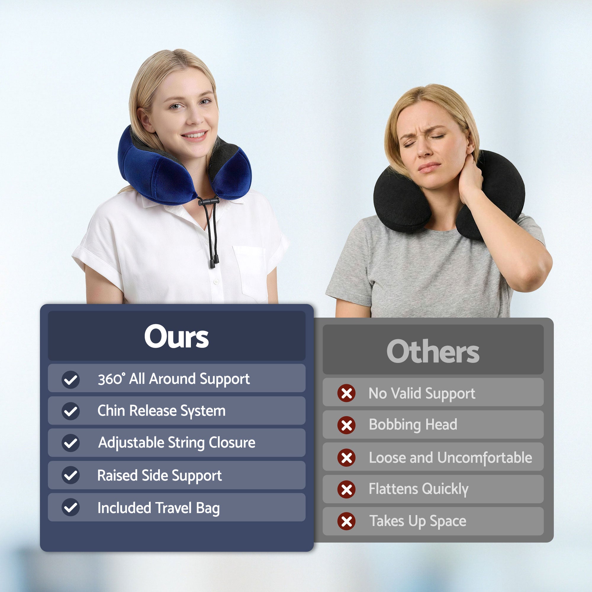Blue contoured neck pillow worn around the neck, with tie straps visible