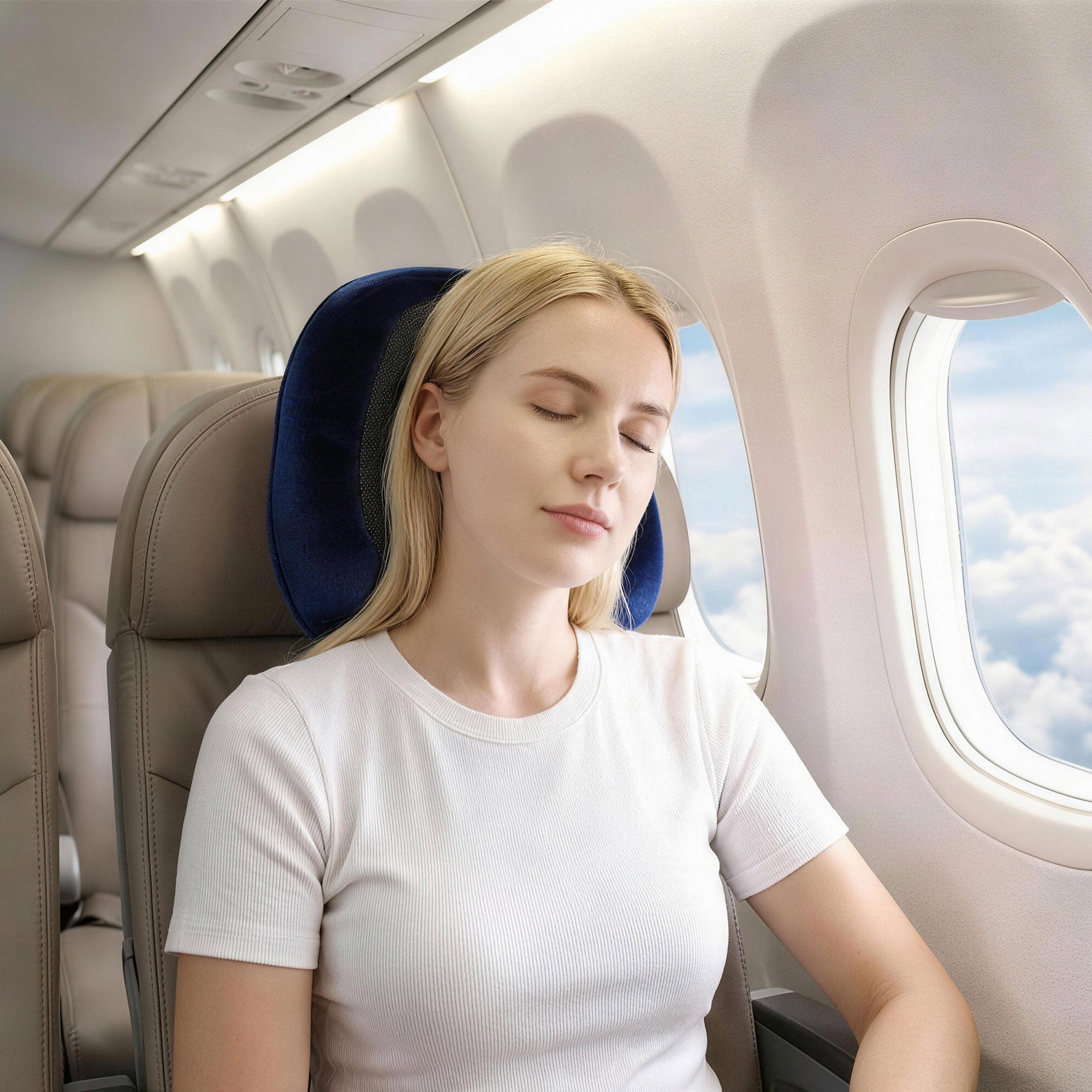 Blue neck pillow in use on an airplane seat, worn around the neck with tie straps