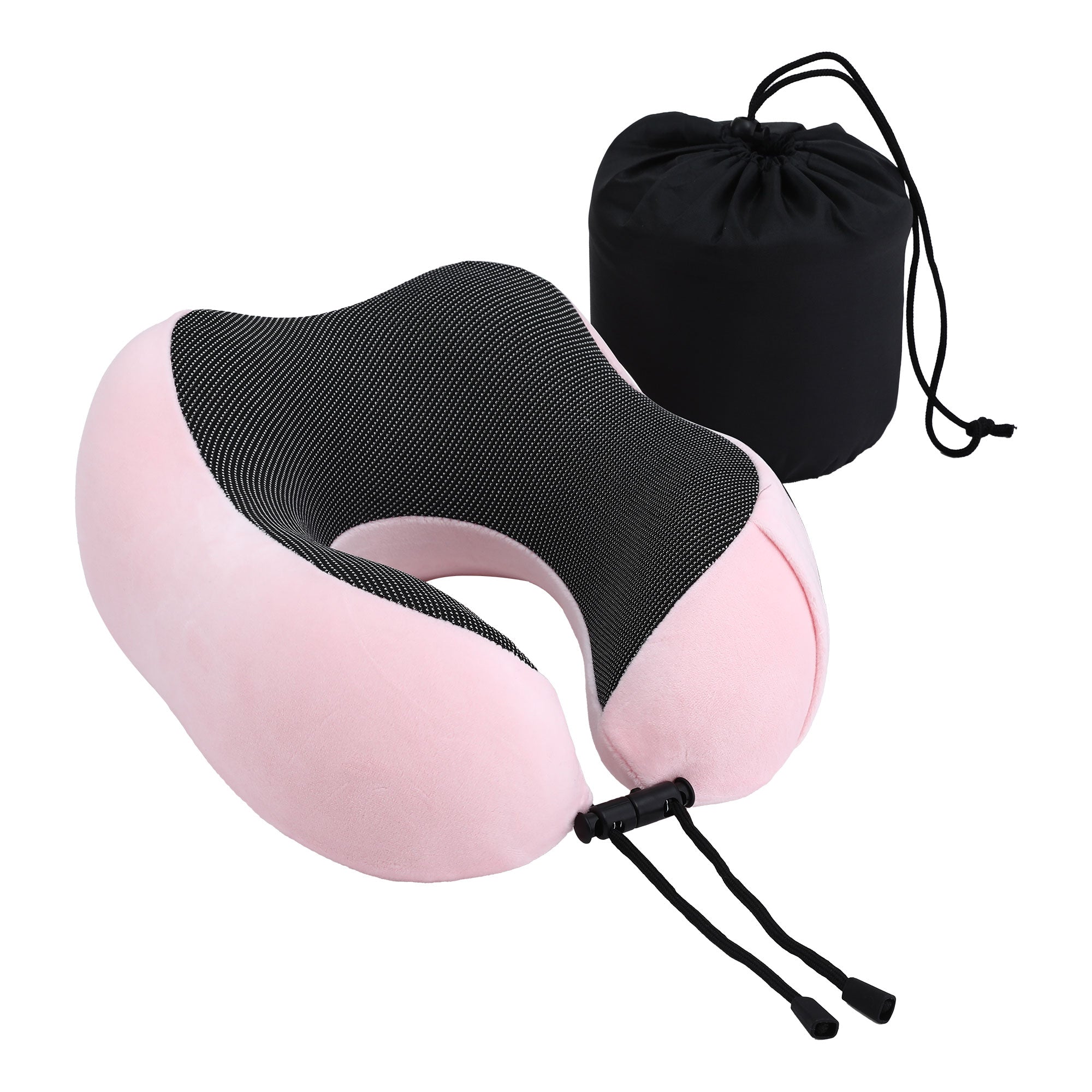 Pink memory foam travel neck pillow with black breathable center and adjustable straps