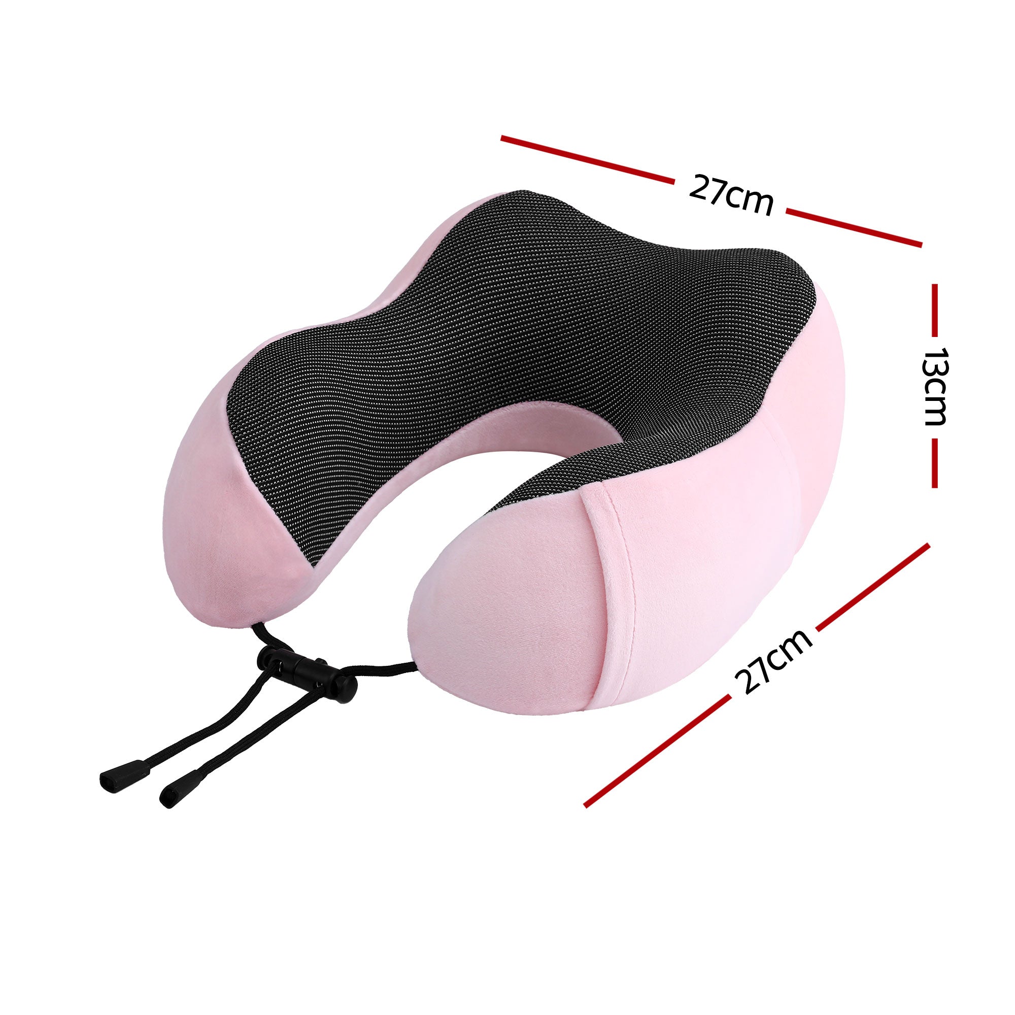 Pink and black travel neck pillow with U-shaped cutout and drawstring cords
