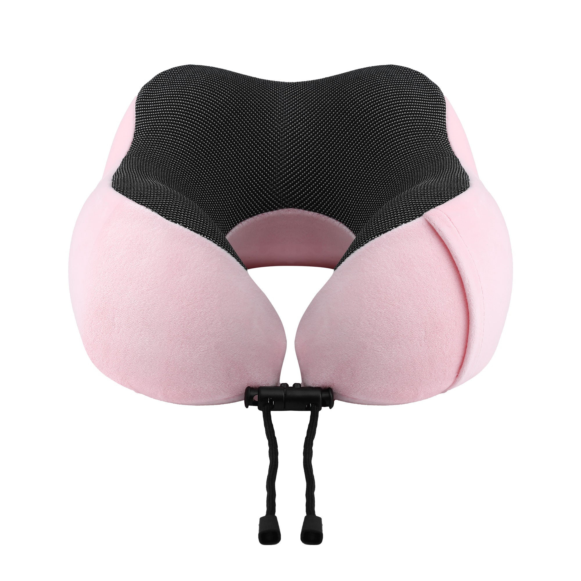 Pink travel neck pillow with black breathable insert and two hanging fastener loops
