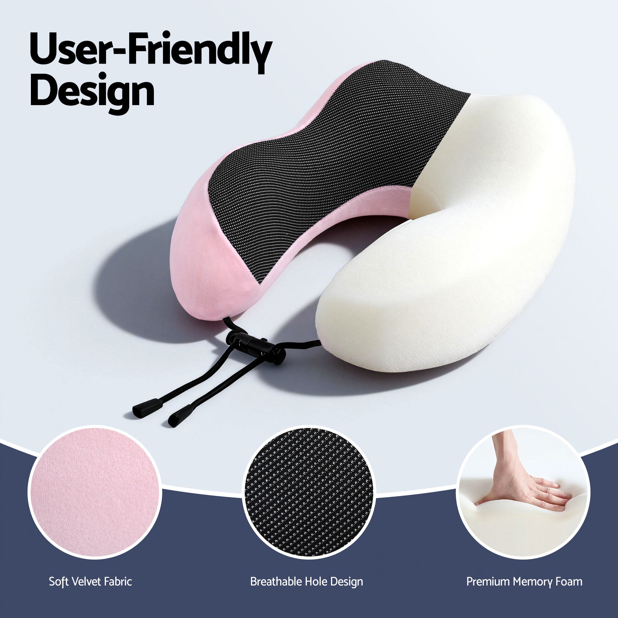 Pink travel neck pillow with black mesh cover and visible memory-foam inner