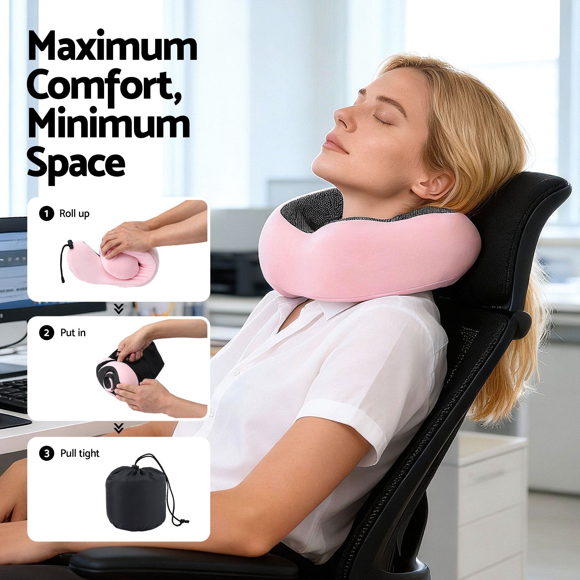 Pink travel neck pillow resting on neck with black breathable center
