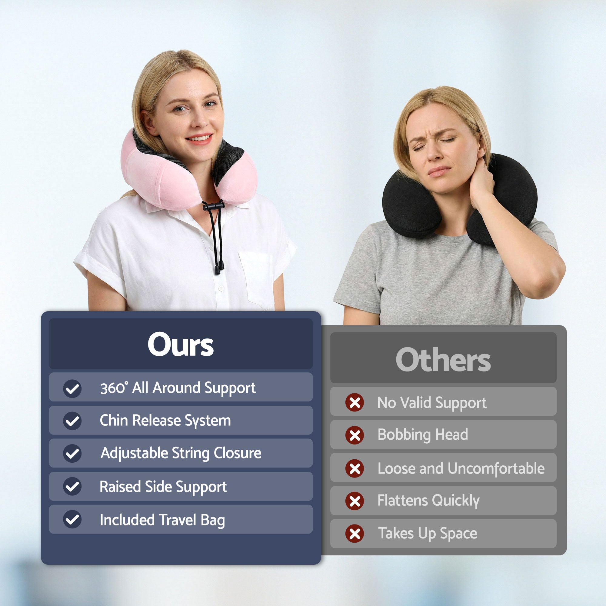 Pink travel neck pillow worn by traveler with black breathable insert