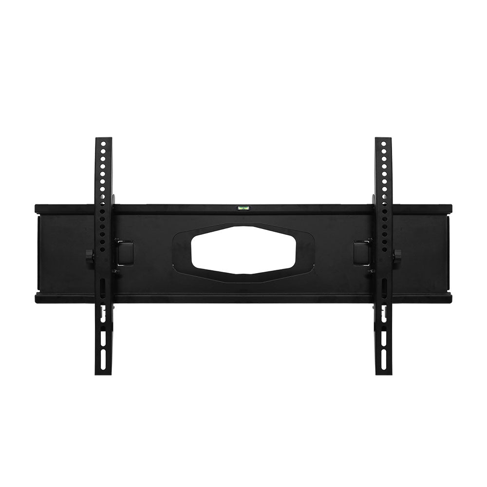 Black TV wall mount bracket front view with center cutout and two support plates