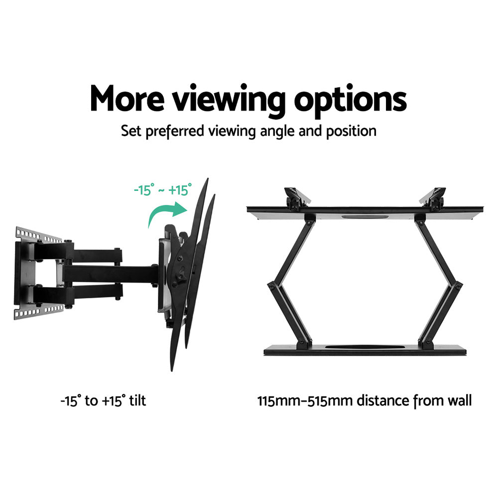TV wall mount bracket infographic showing tilt range and 115–515mm wall distance