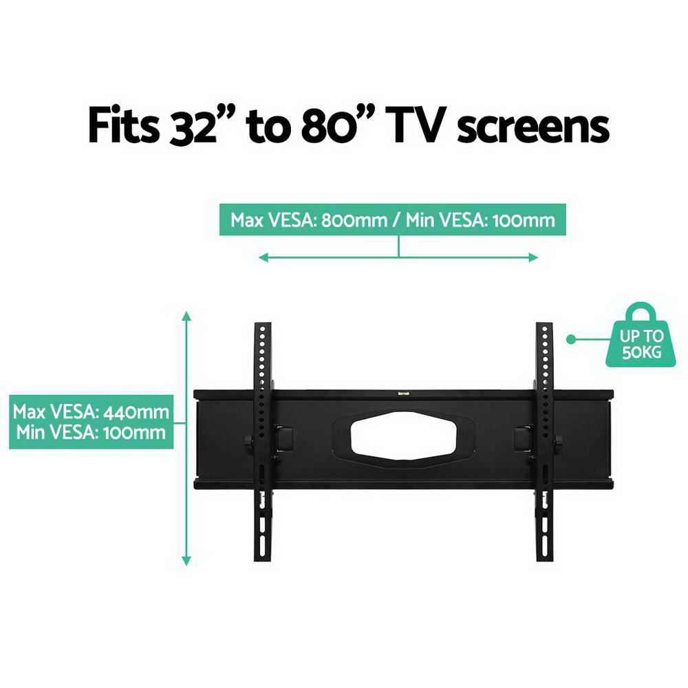 TV wall mount bracket infographic for 32–80 inch screens with VESA ranges