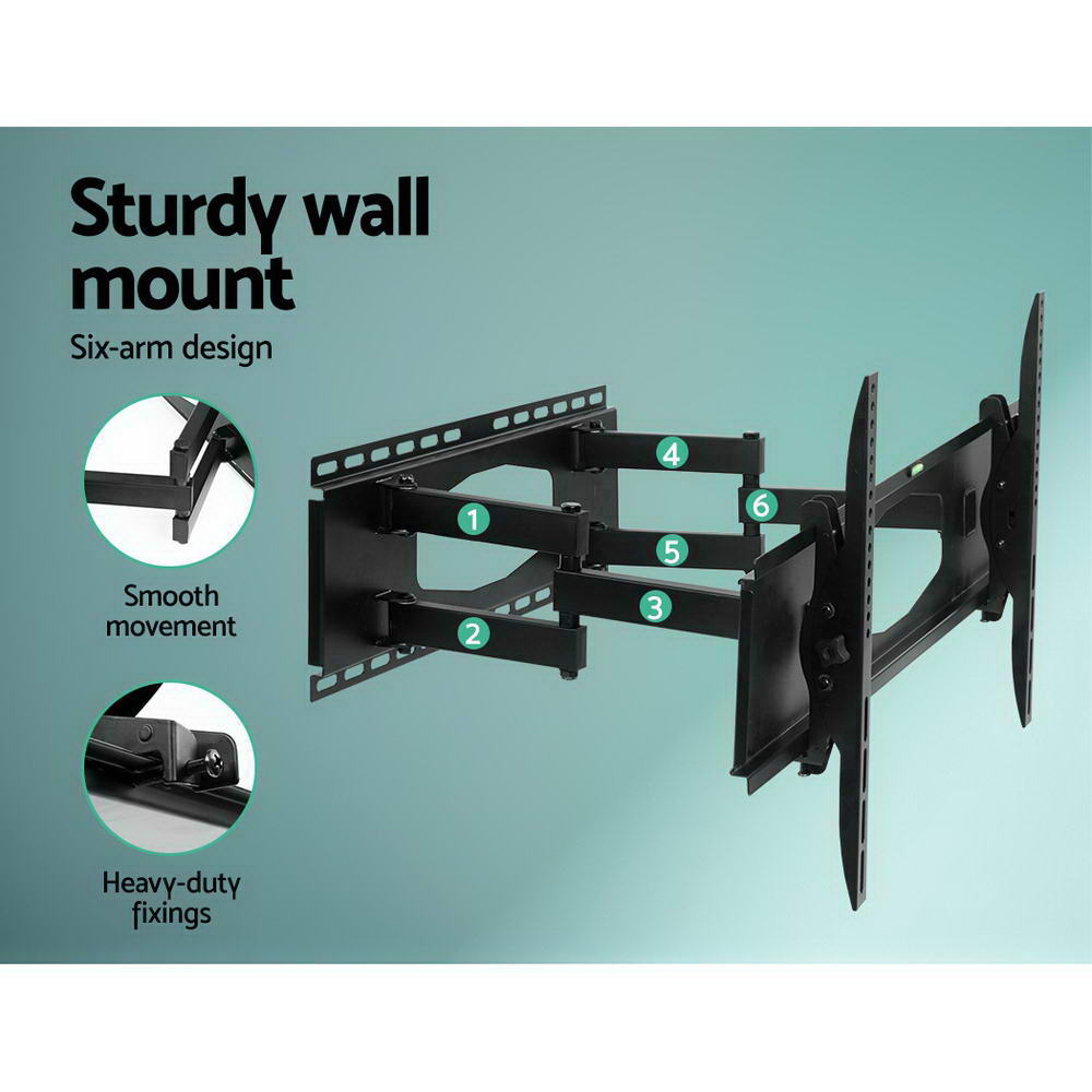 TV wall mount bracket infographic with six-arm design and smooth movement