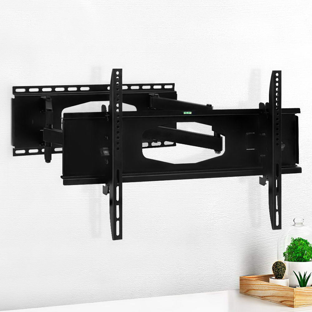 Black full-motion TV wall mount bracket with dual arms and mounting rail plates