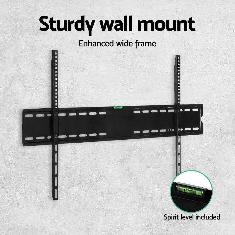 Black TV wall mount bracket with wide frame and built-in spirit level