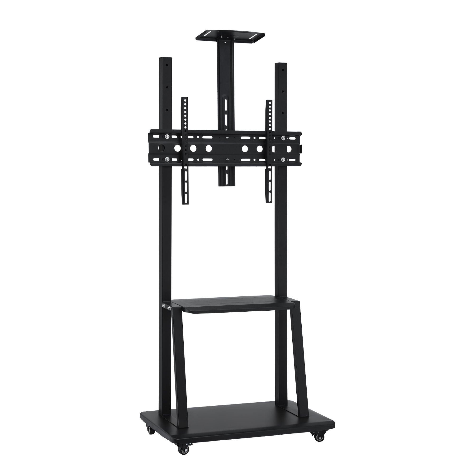 Black height-adjustable TV stand with VESA mount and two-tier open shelves