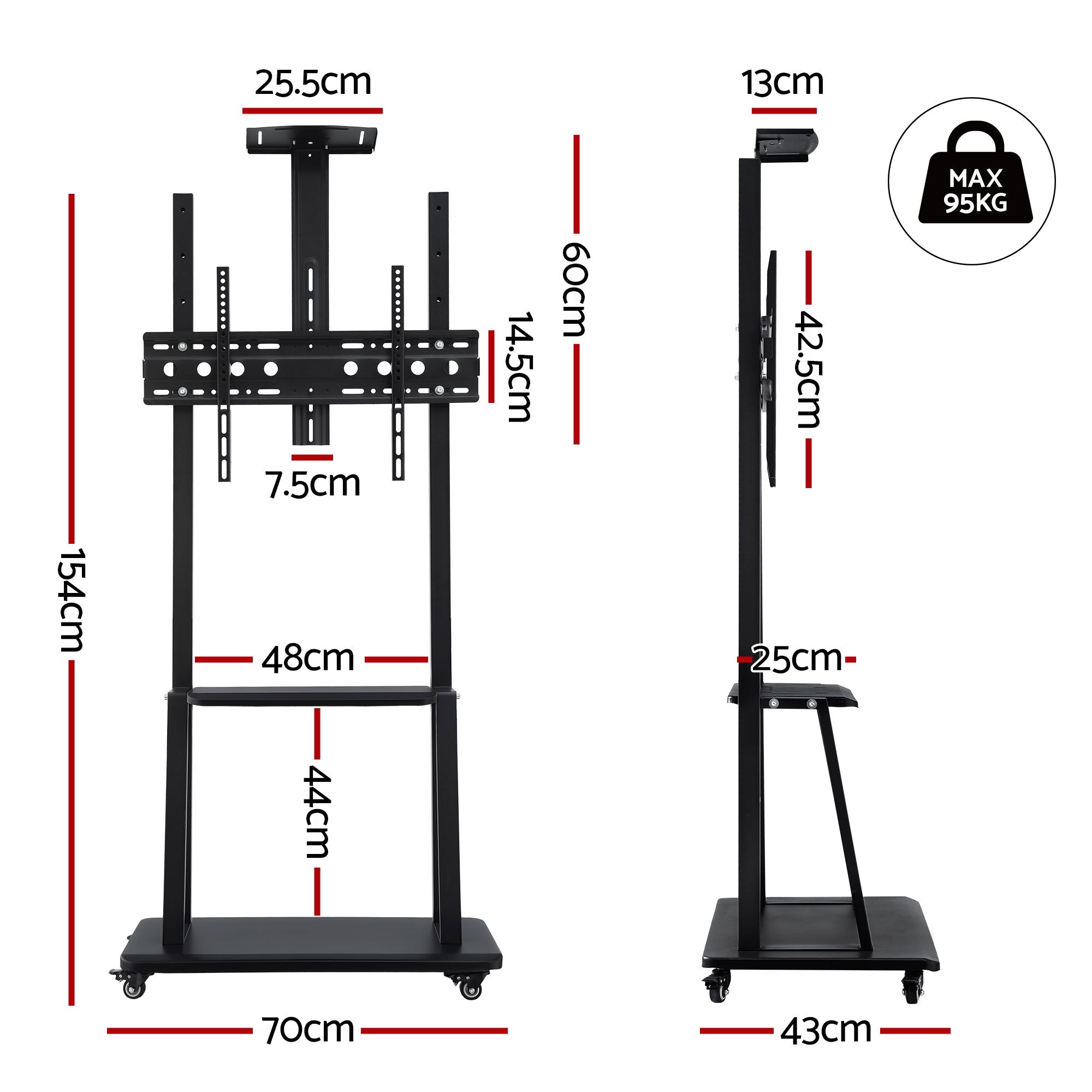 Black adjustable height TV stand with VESA mount, two shelves, and rolling wheels