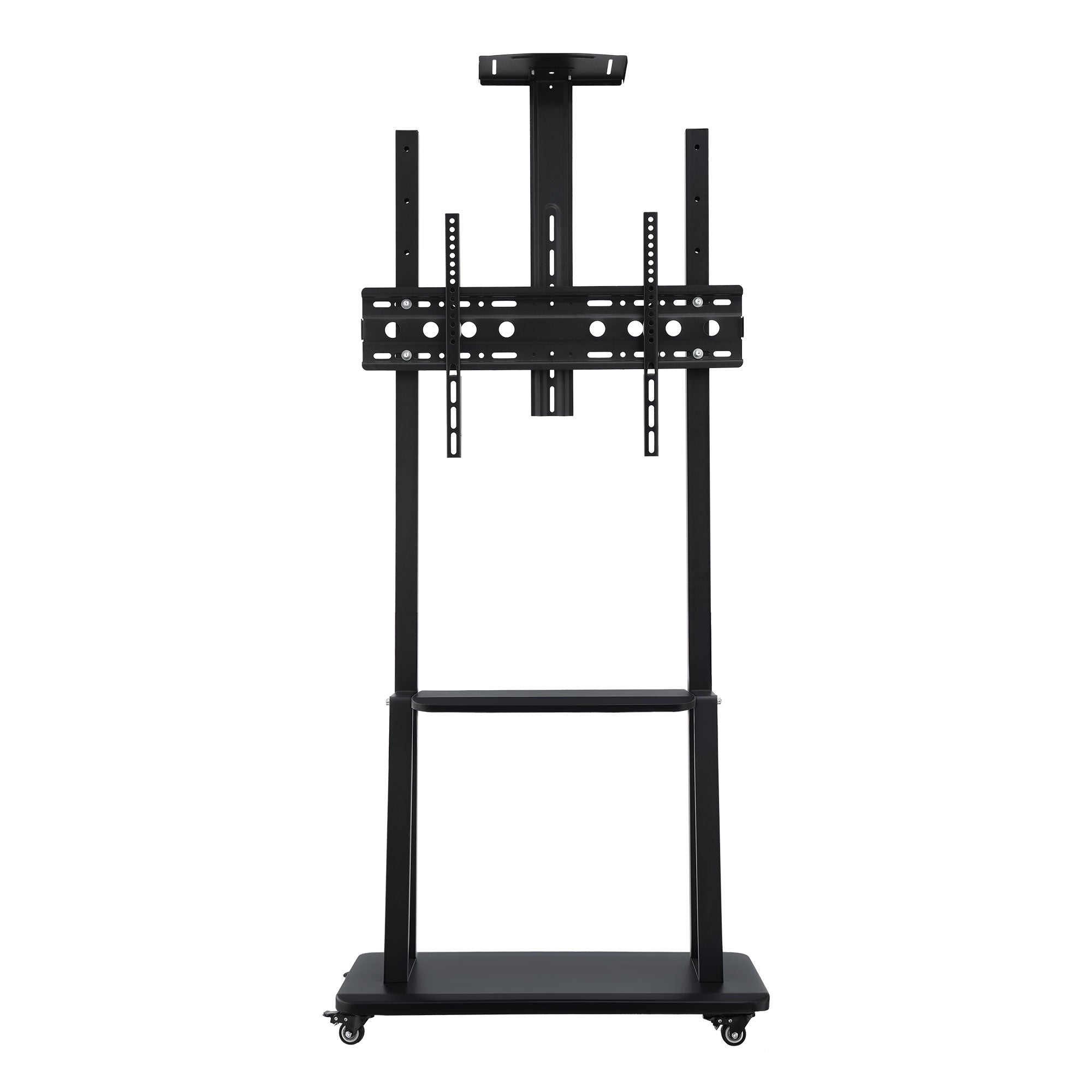 Black TV stand with VESA mount, open lower shelf, and caster wheels
