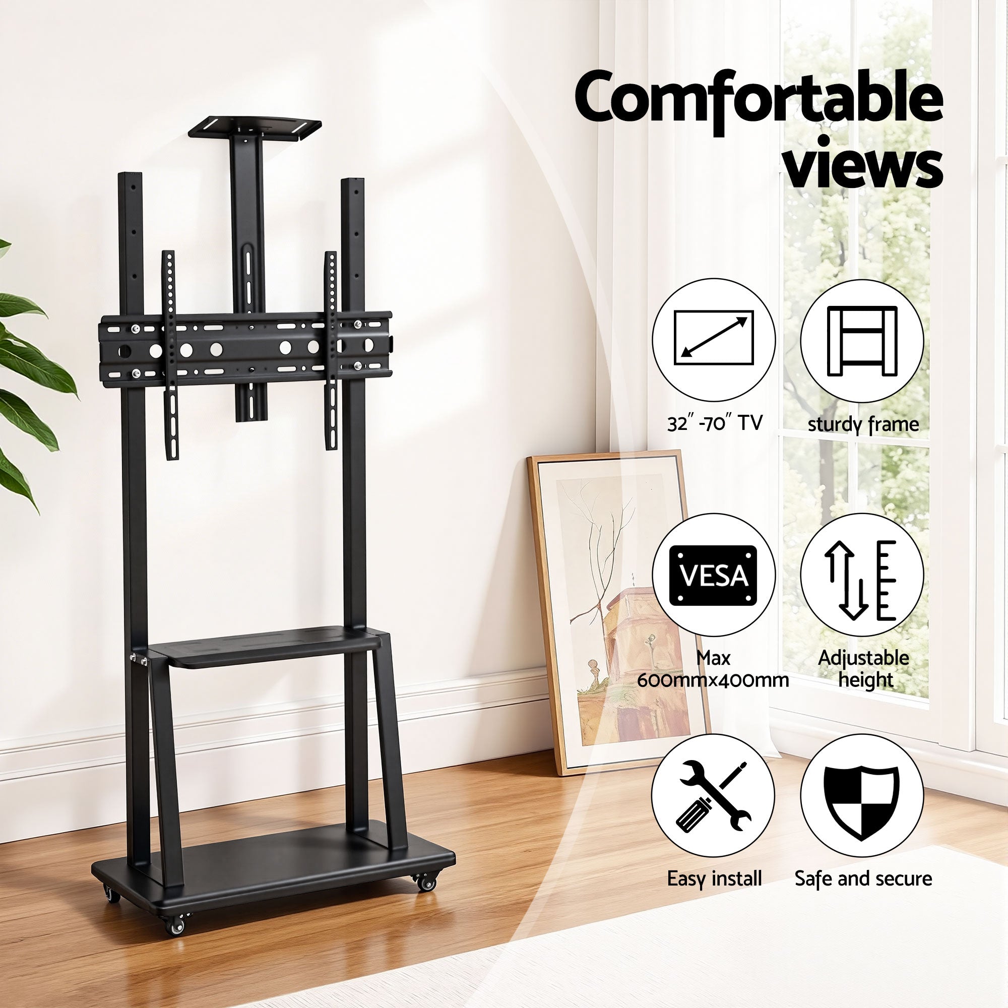 Black adjustable height TV stand with VESA mount, shelves, and rolling base